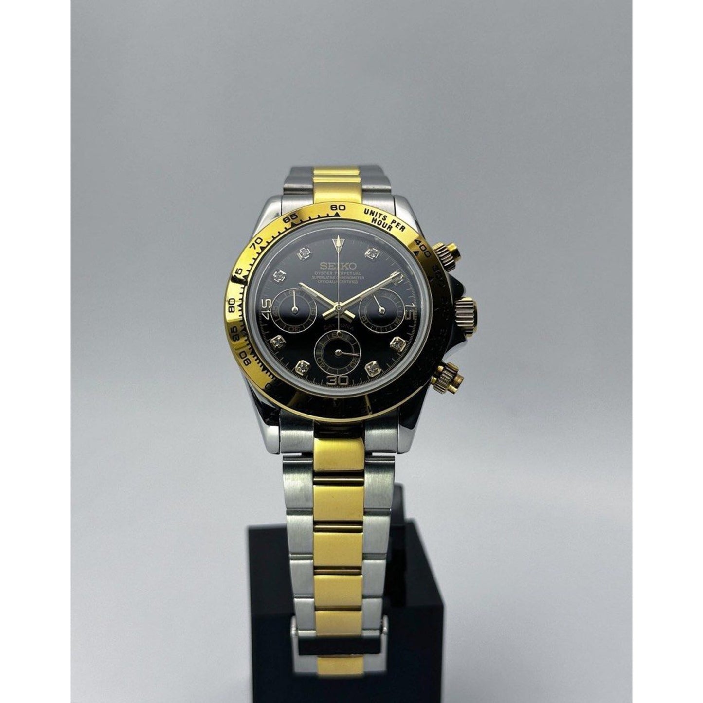 Seiko Daytona Mod 2-Tone Black Dial w/diamonds