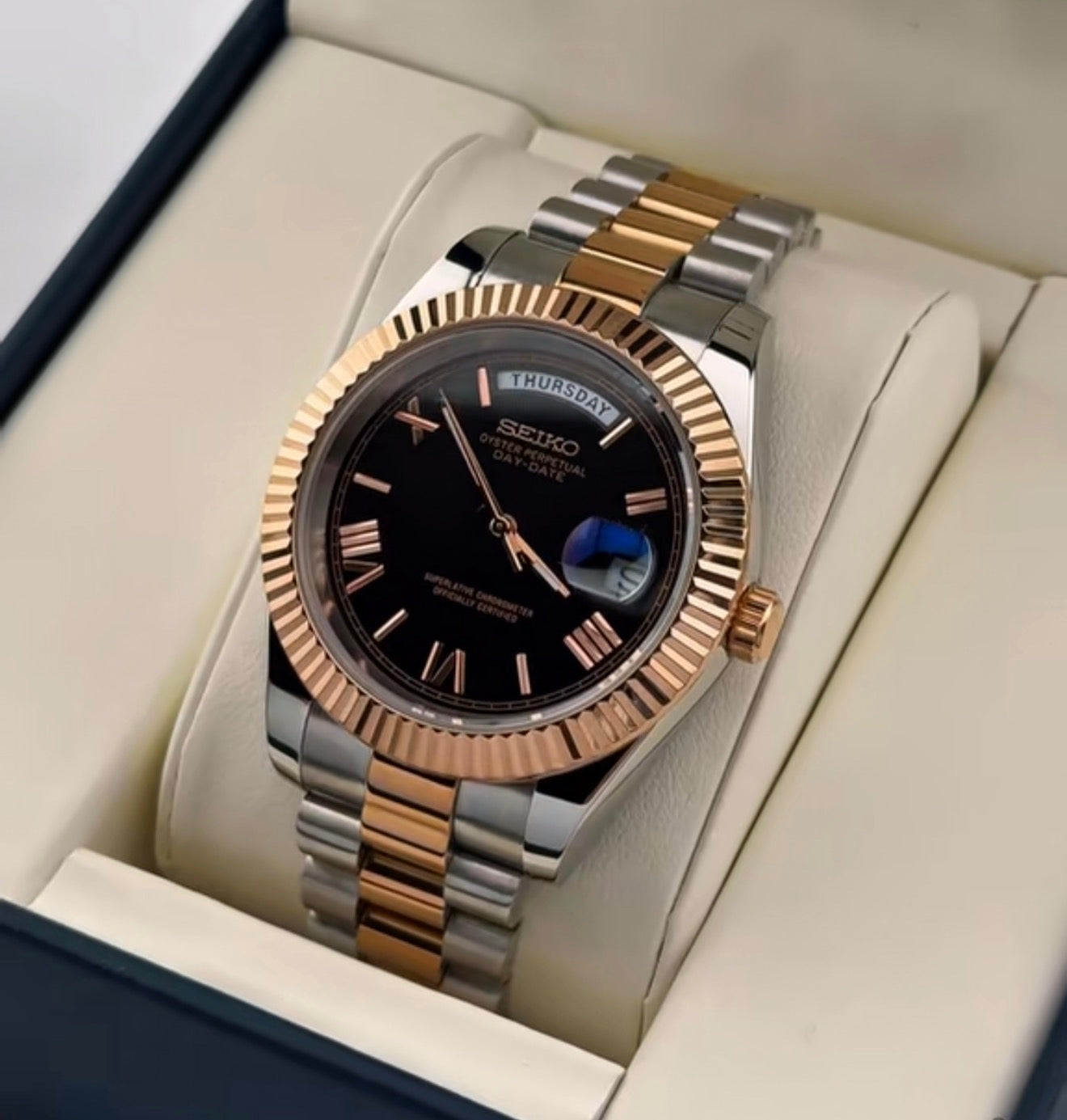 Seiko Day-date Mod Rose Gold ‘Two-tone Black Dial’ 39