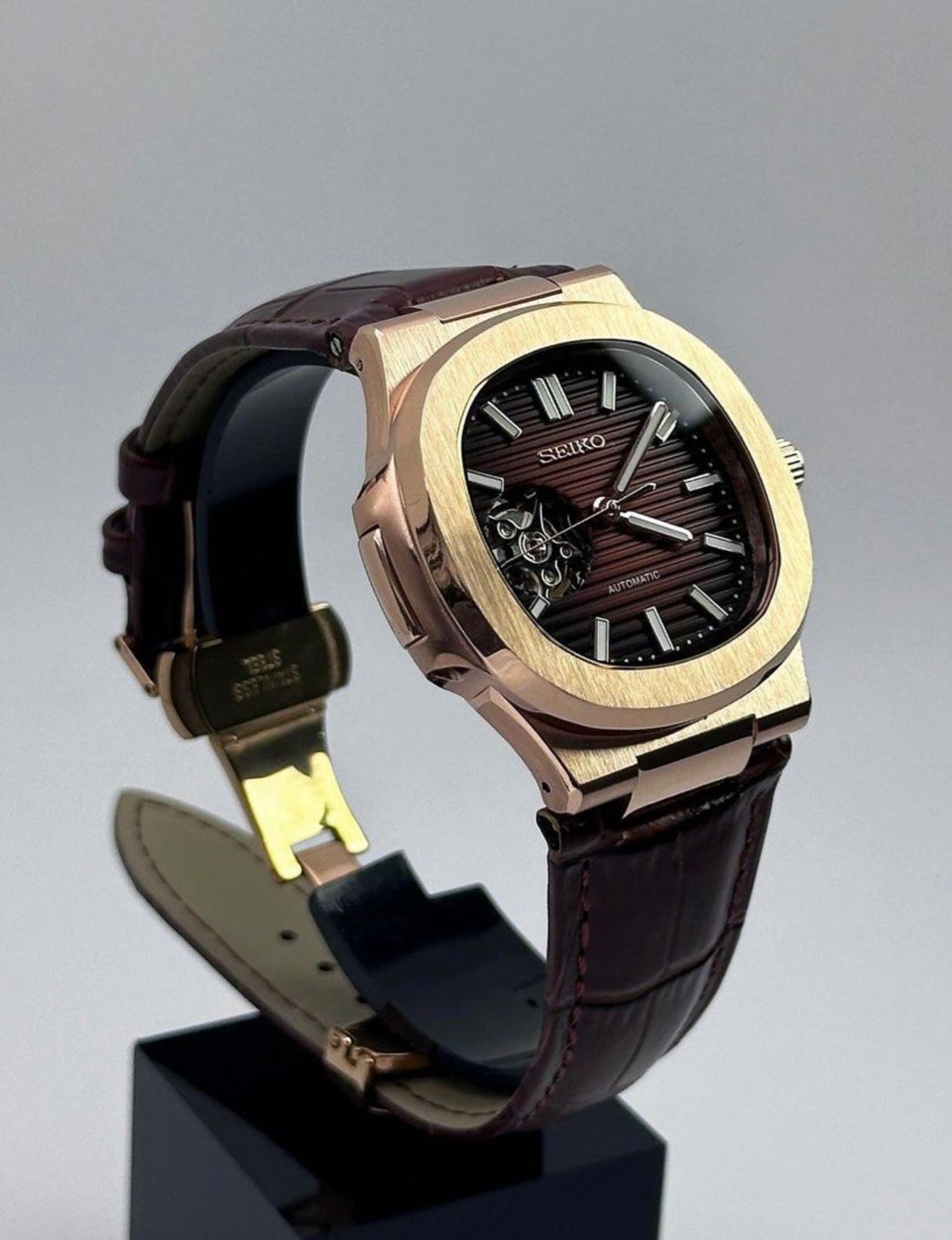 Seiko Nautilus Mod Rose Gold ‘Seikonaut Brown Leather Strap’ Open Heart 40
