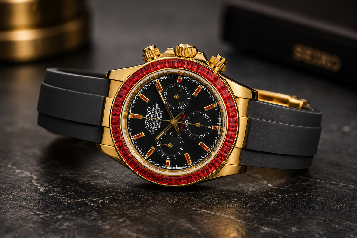Seiko Daytona Mod Oyster-flex ‘Ruby red bezel/ Black Dial’ 40