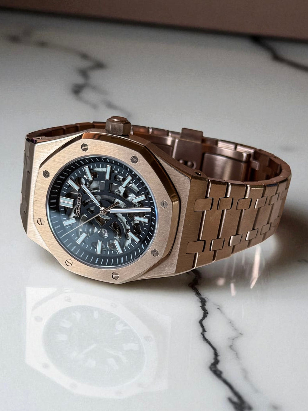 ⭐️MOD WATCH NH70  OAK オマージュ Seiko Royal Oak Skeleton Homage – Rose Gold, NH70, 41mm | NH35 Mod