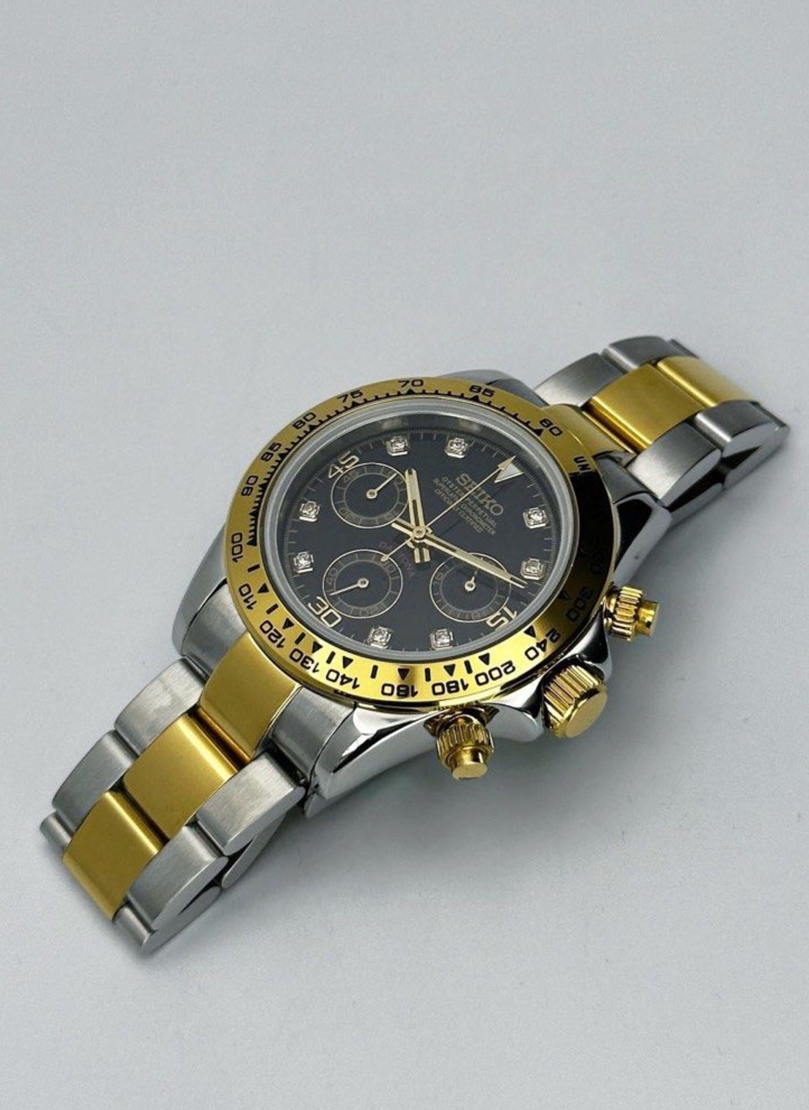 Seiko Daytona Mod 2-Tone Black Dial w/diamonds