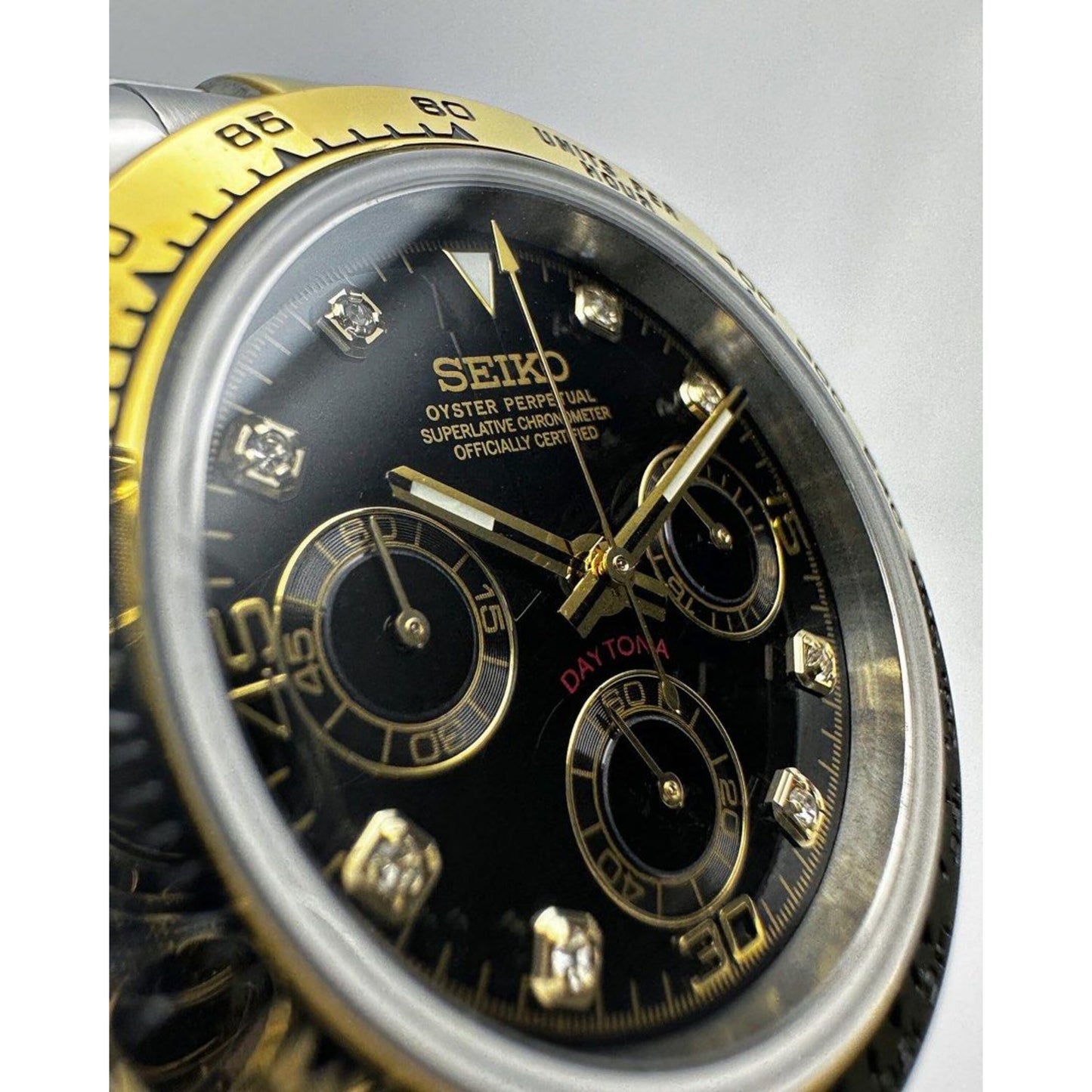 Seiko Daytona Mod 2-Tone Black Dial w/diamonds