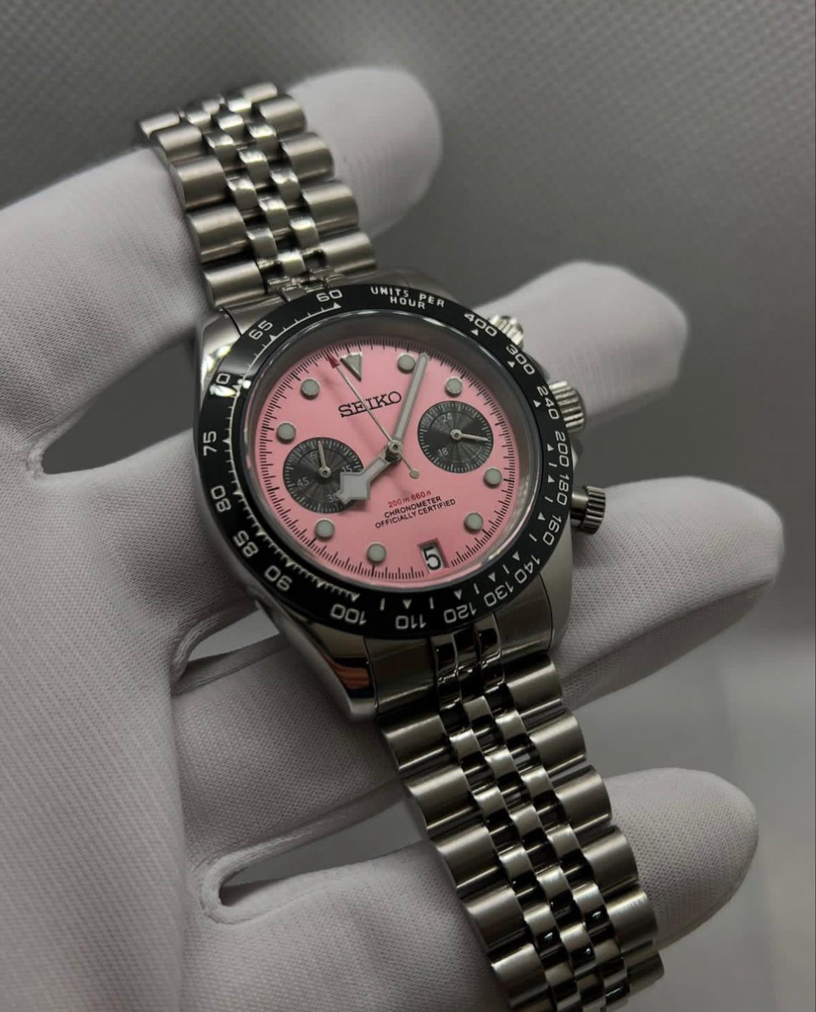 Seiko Chronograph Pink Dial Mod 40 (Custom Logo)