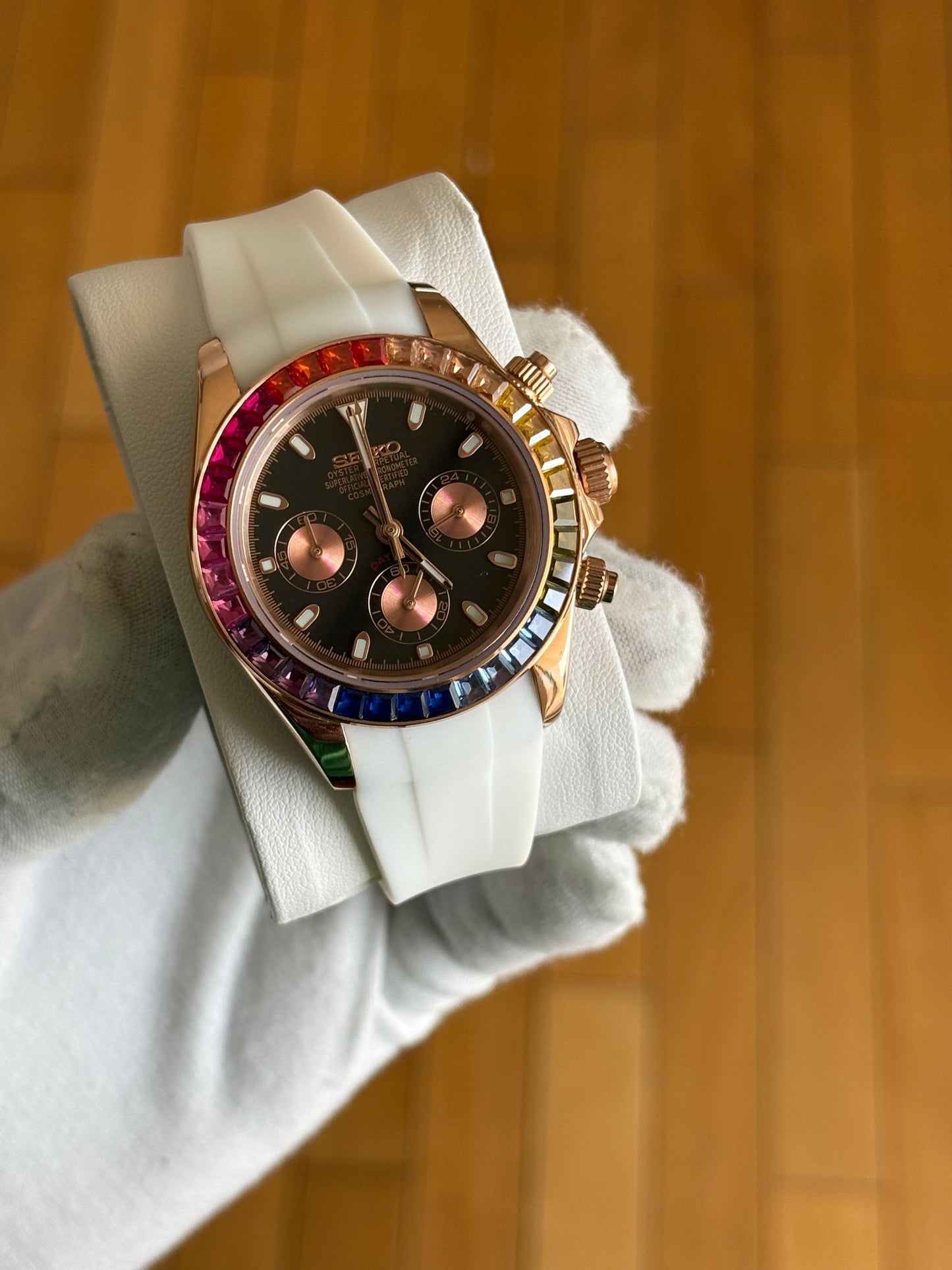 Seiko Daytona Mod Rose Gold ‘Rainbow Bezel/ White Rubber Strap’ 40