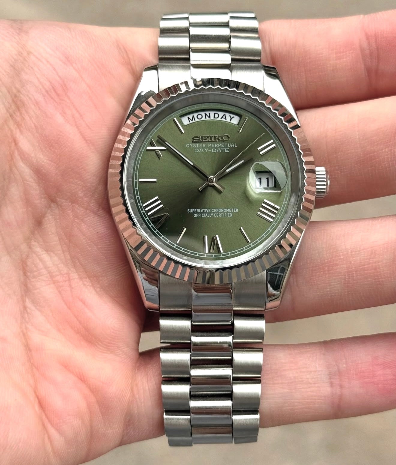 Seiko Day-Date Homage Watch – Roman Green Dial, Miyota 8285, 36