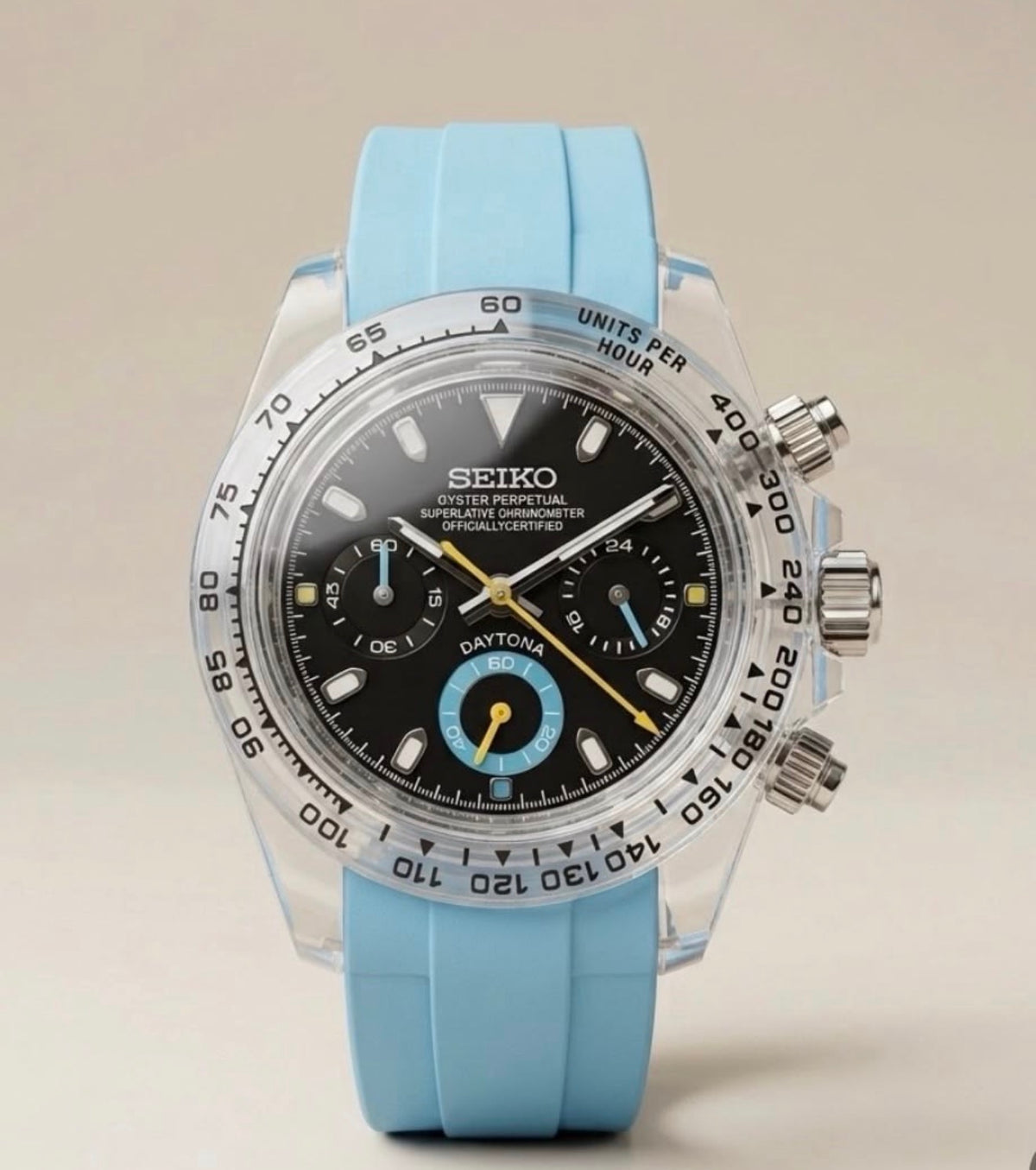 Seiko Daytona Mod ‘Acrylic Transparent Case/ Black Dial/ Blue Strap’ 40