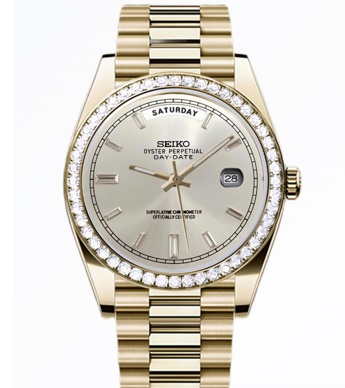 Seiko Day-date Mod Gold ‘Diamond Bezel/ Baguette Dial’ 36mm