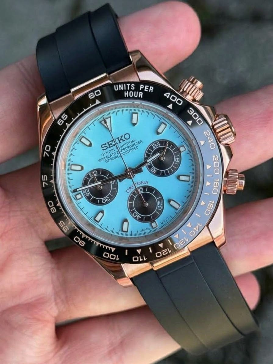 Seiko Daytona Mod Rose Gold ‘Tiffany Blue Dial/ Oyster-flex ’ 40