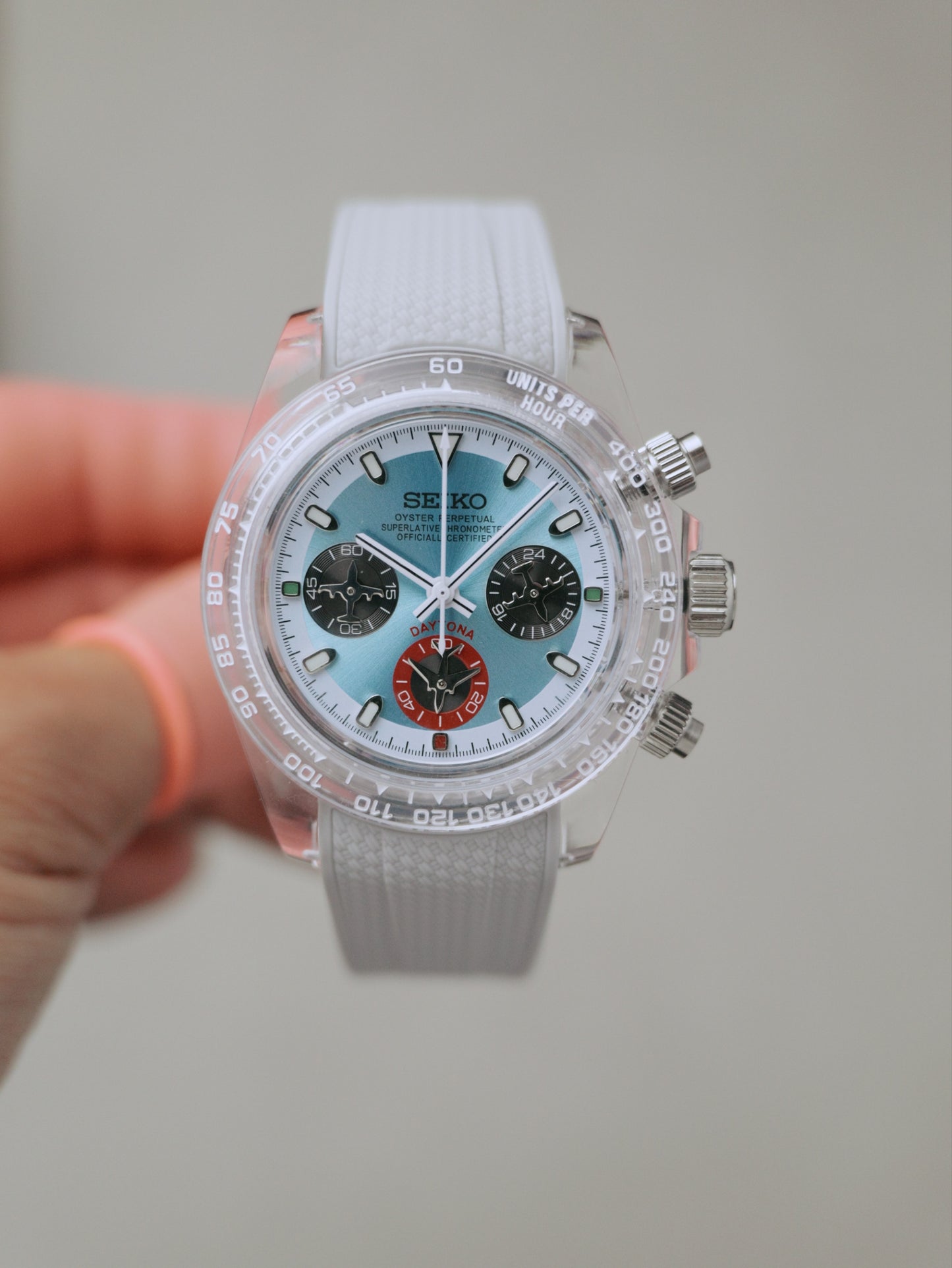Seiko Daytona Mod Transparent Case ‘Platinum Dial/ White Strap’ 40