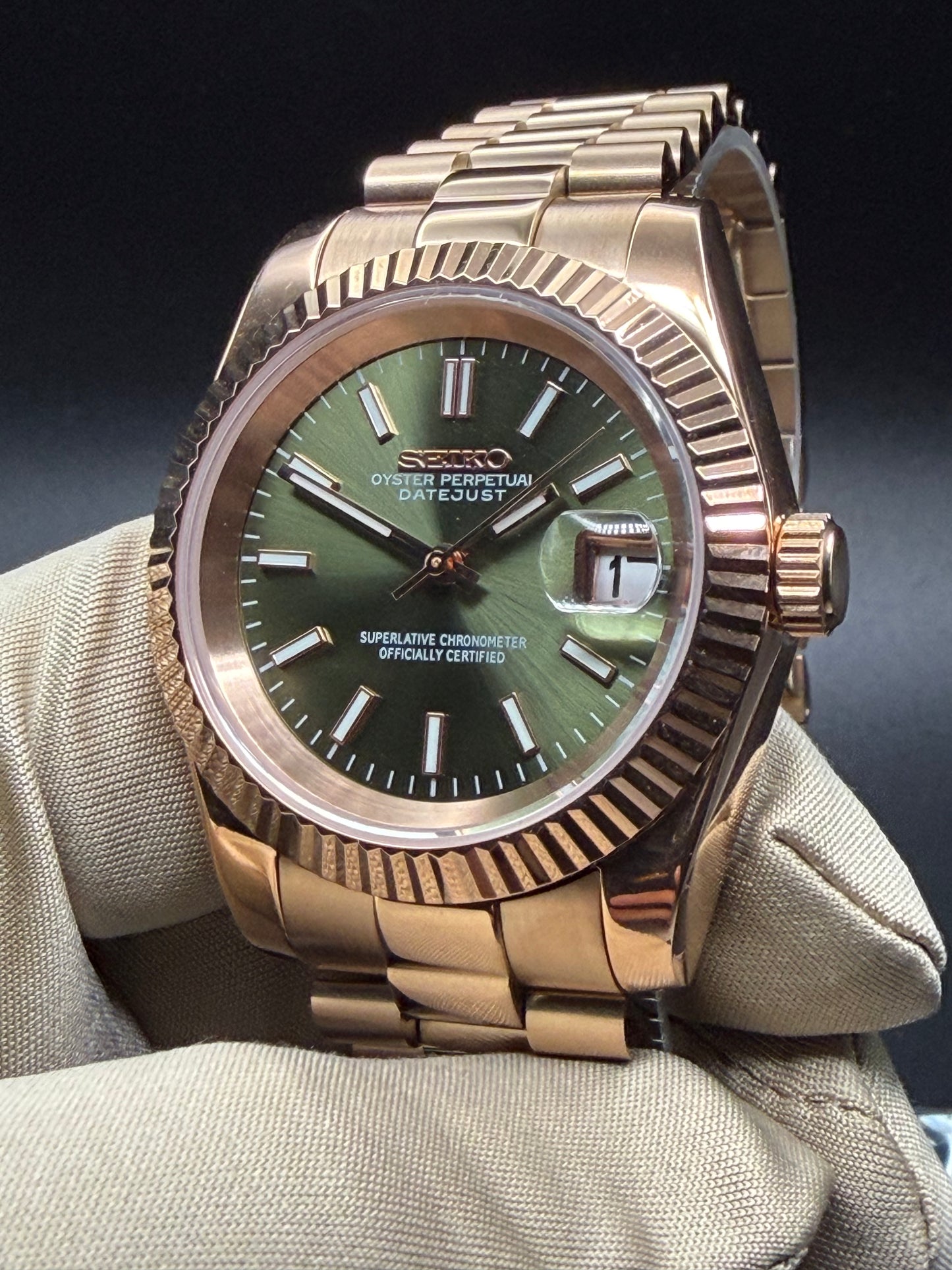 Seiko Date-just Mod ‘Rose Gold/ Olive Green Stick Dial’ 36/39