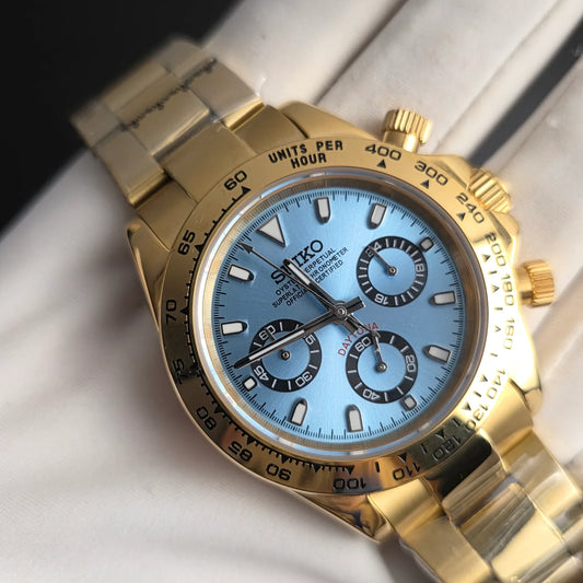 Seiko Daytona Mod ‘Full Gold/ Aqua Blue Dial’ 40
