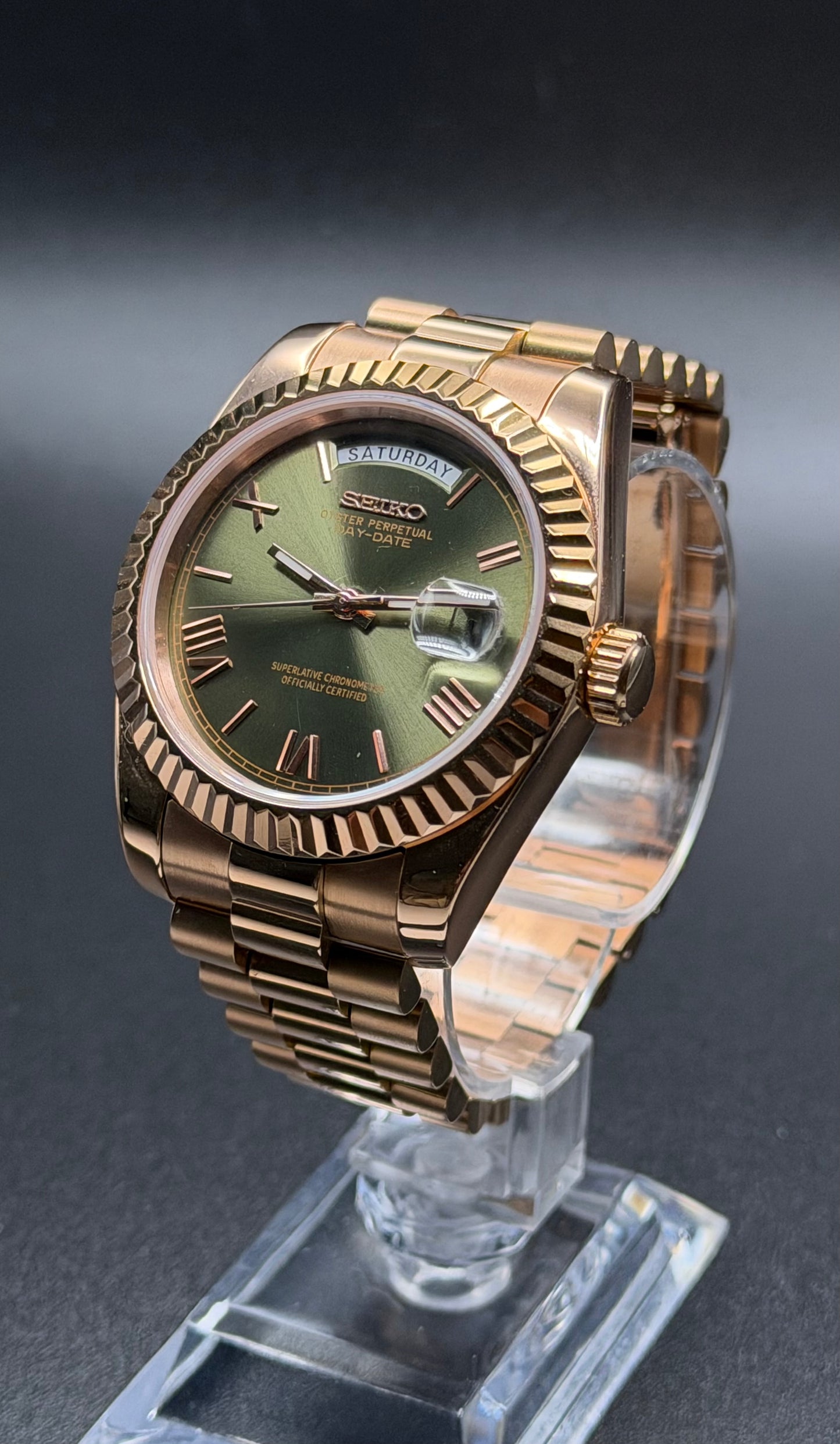 Seiko Day-date Mod ‘Rose Gold Roman Green Dial’ 36/39