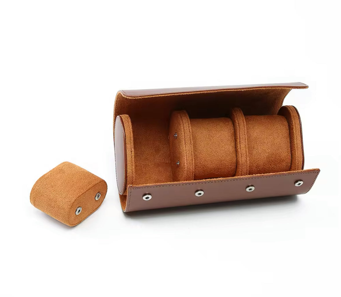 3-Slot Brown Leather Watch Case