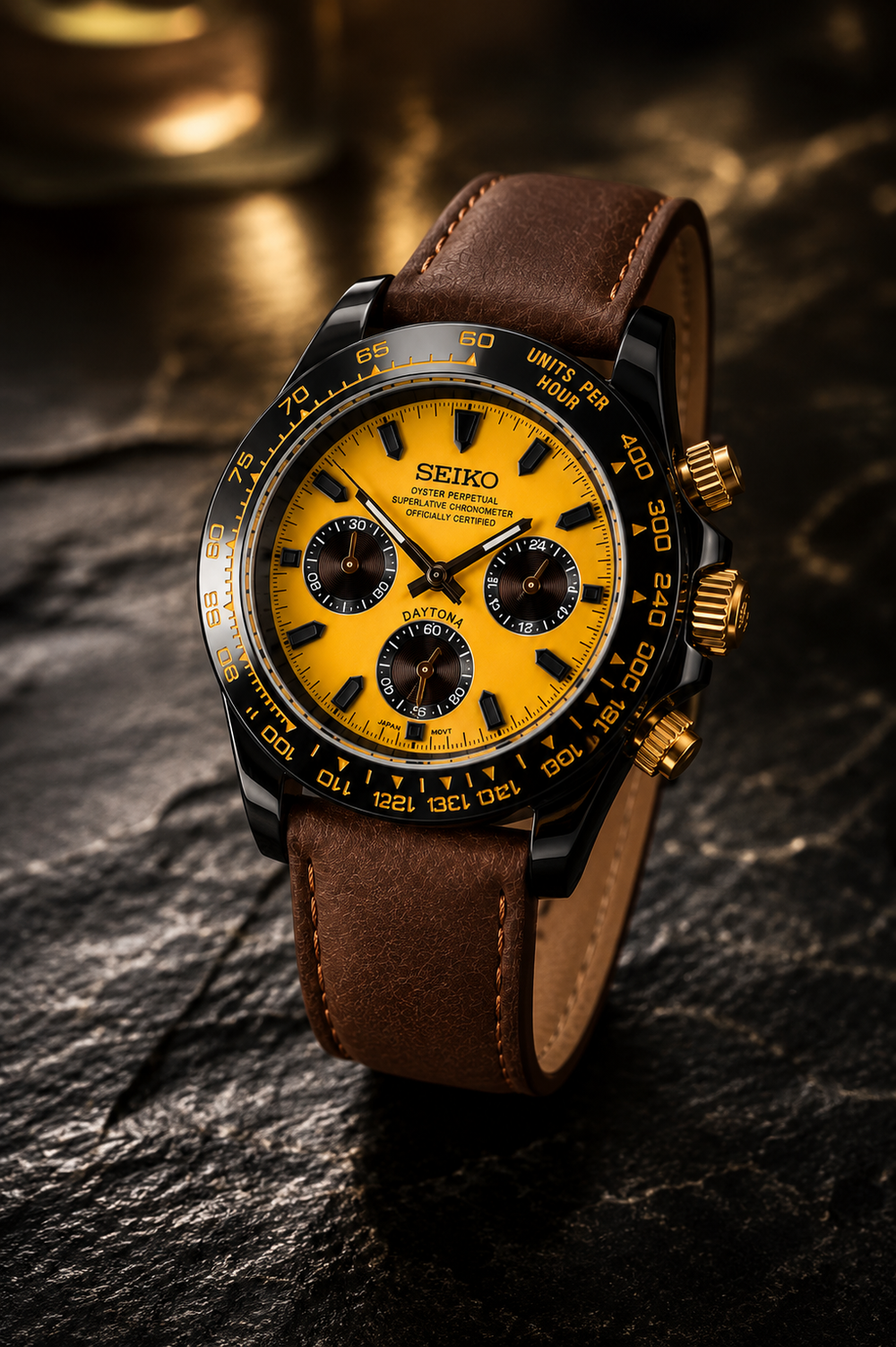 Seiko Daytona Mod Black ‘Ceramic/ Yellow Dial’ Brown Leather Strap