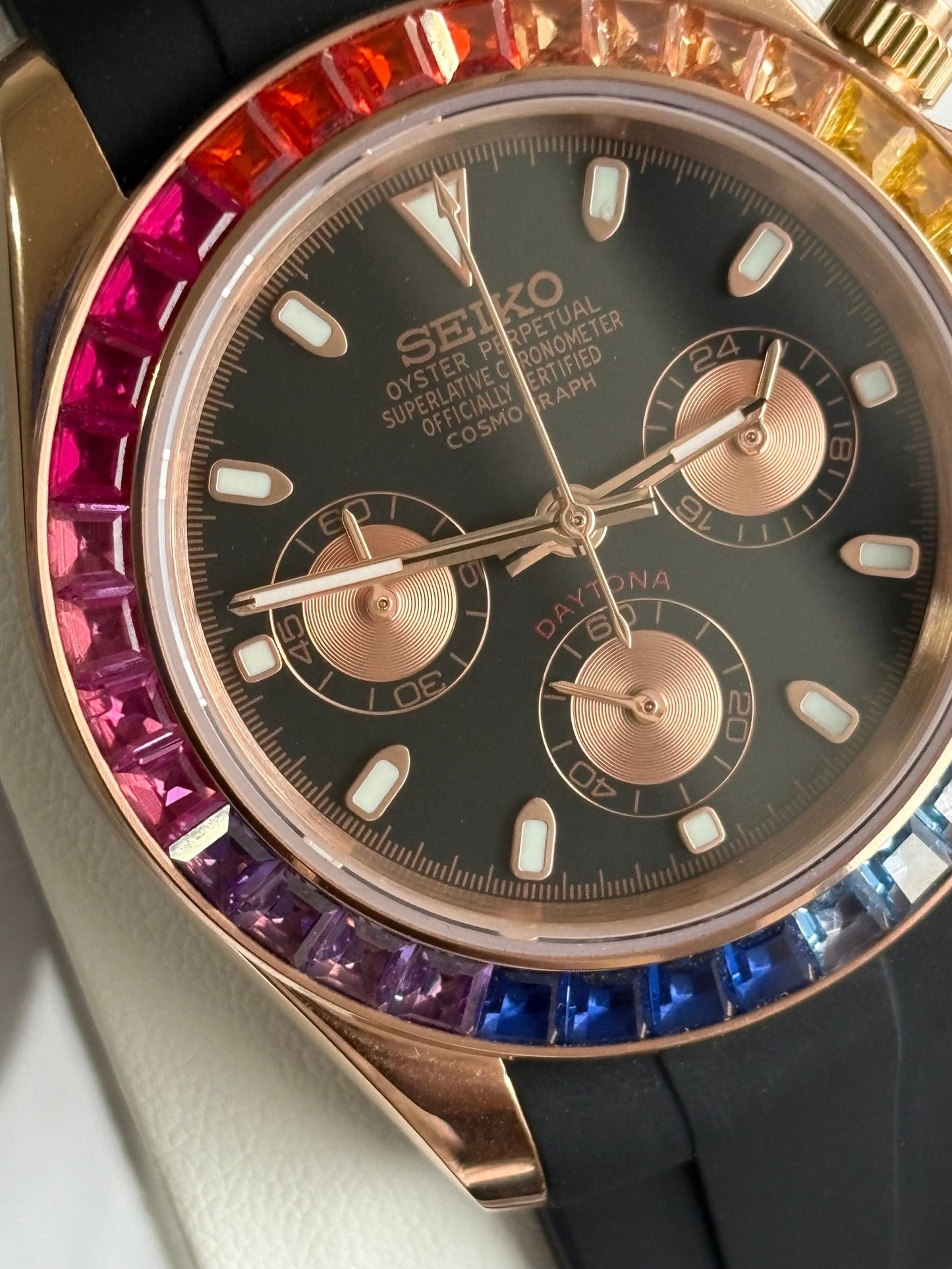 Seiko Daytona Mod Rose Gold ‘Rainbow Bezel/ Rubber Strap’ 40
