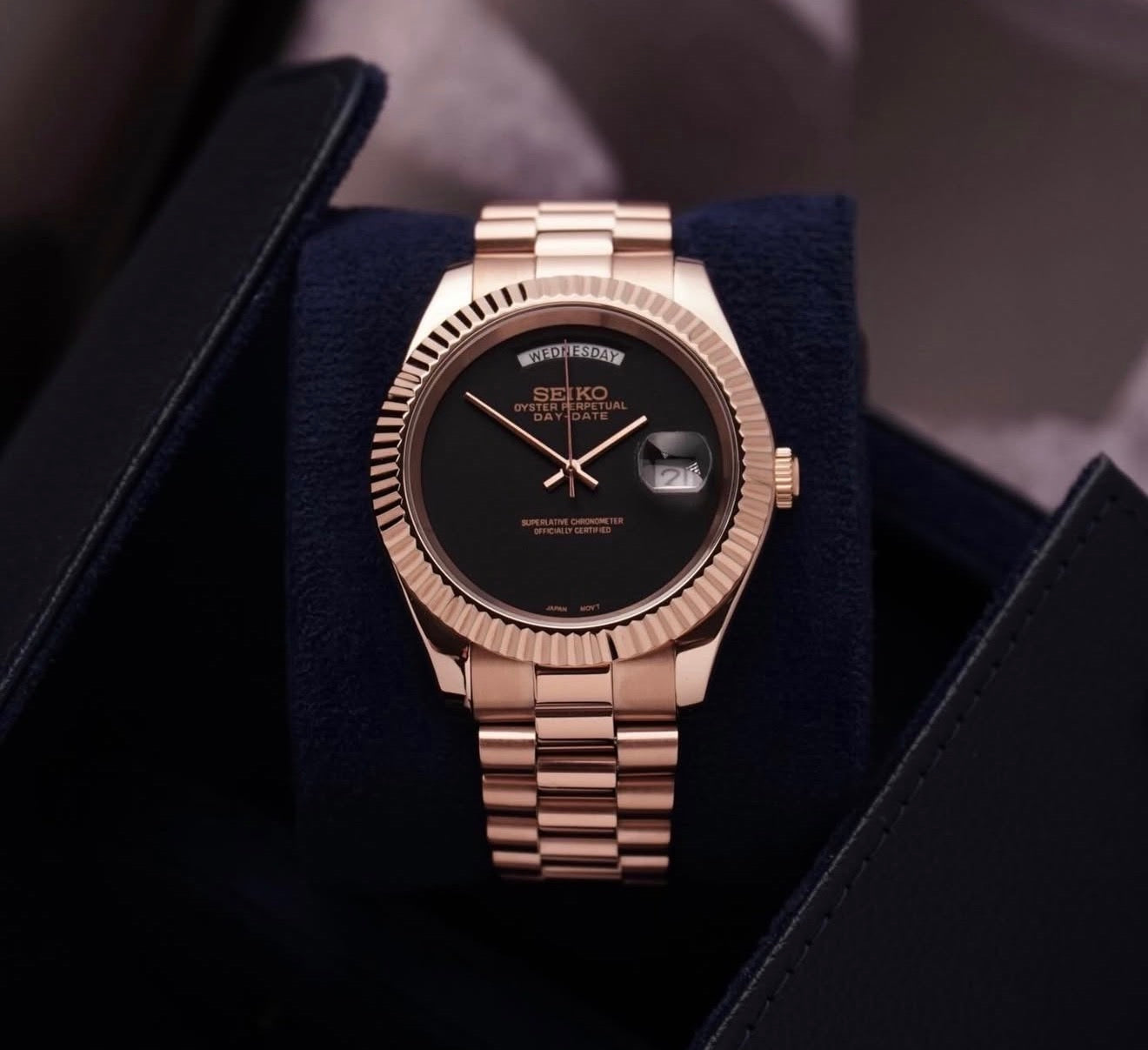 Seiko Day-date Mod Rose Gold ‘All Black Dial’ 36/39