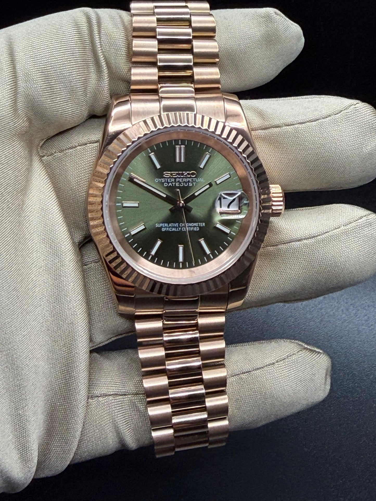 Seiko Date-just Mod ‘Rose Gold/ Olive Green Stick Dial’ 36/39