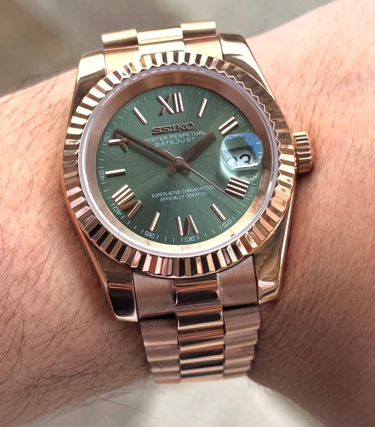 Seiko Date-just Mod ‘Rose Gold Green Roman Dial’ 36/39