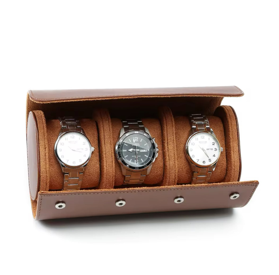 3-Slot Brown Leather Watch Case