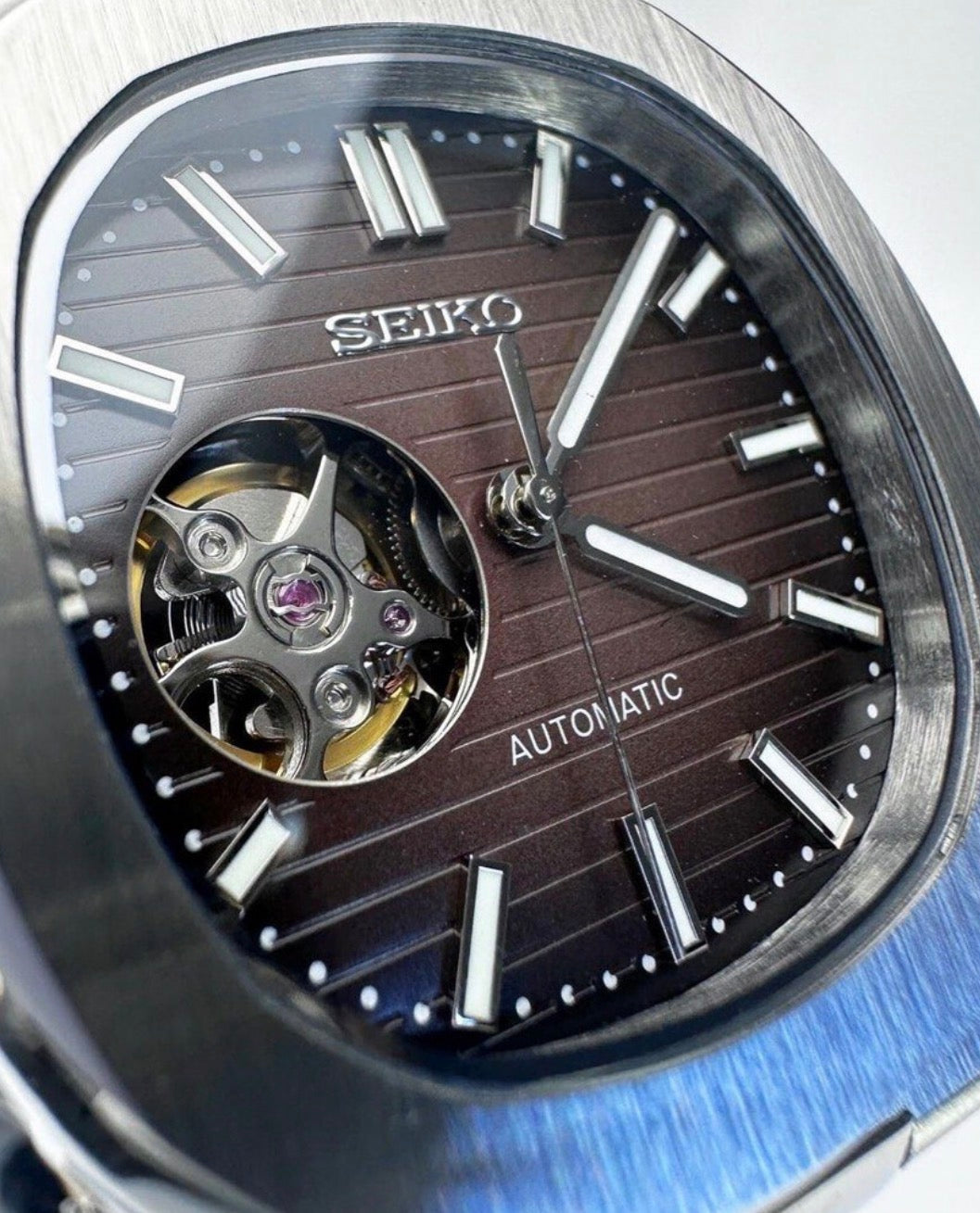 Seiko Nautilus Mod ‘Silver Steel Brown Leather strap’ Open Heart 40