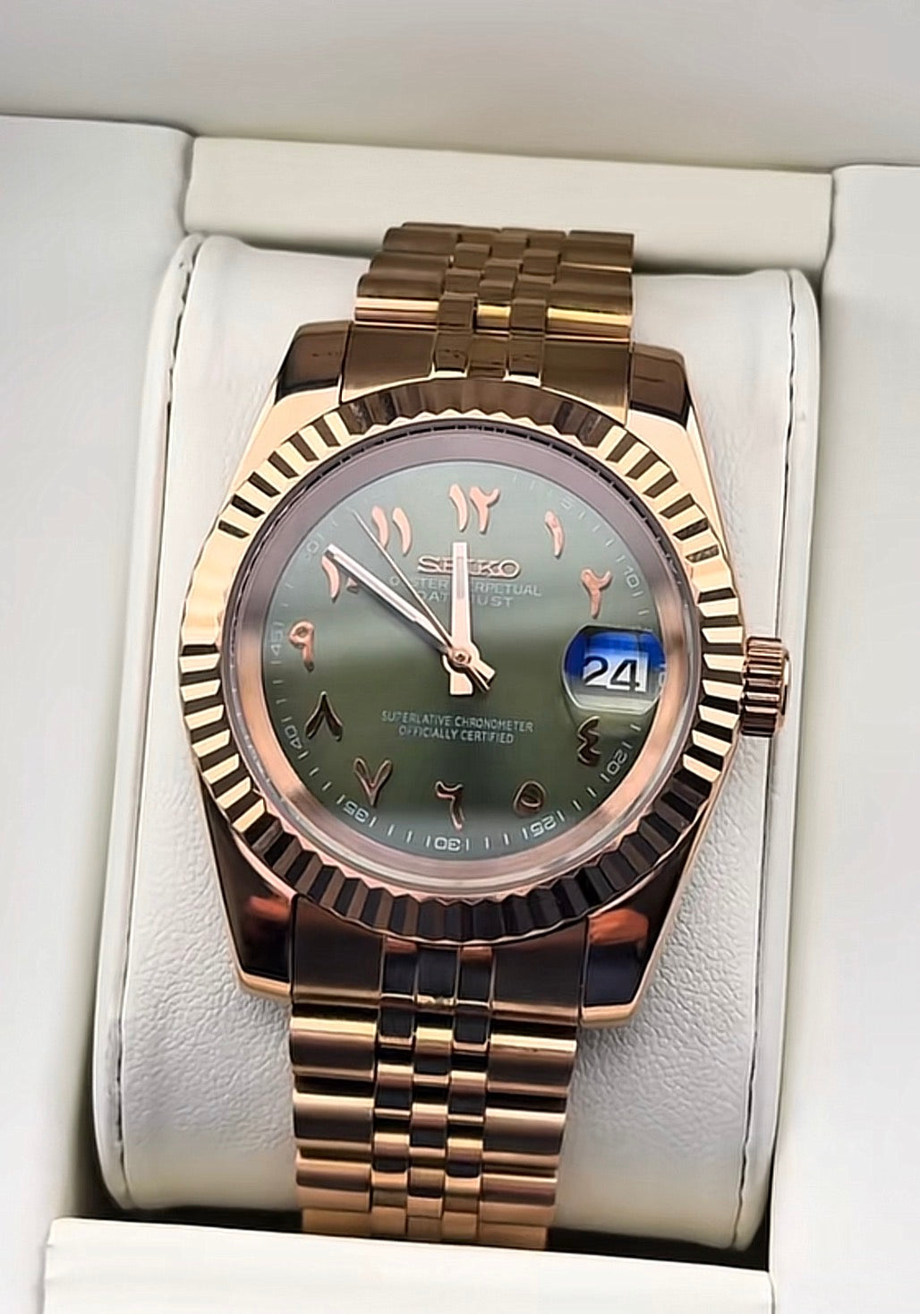 Seiko Date-just Mod ‘Rose Gold Green Arabic Dial’ 36/39