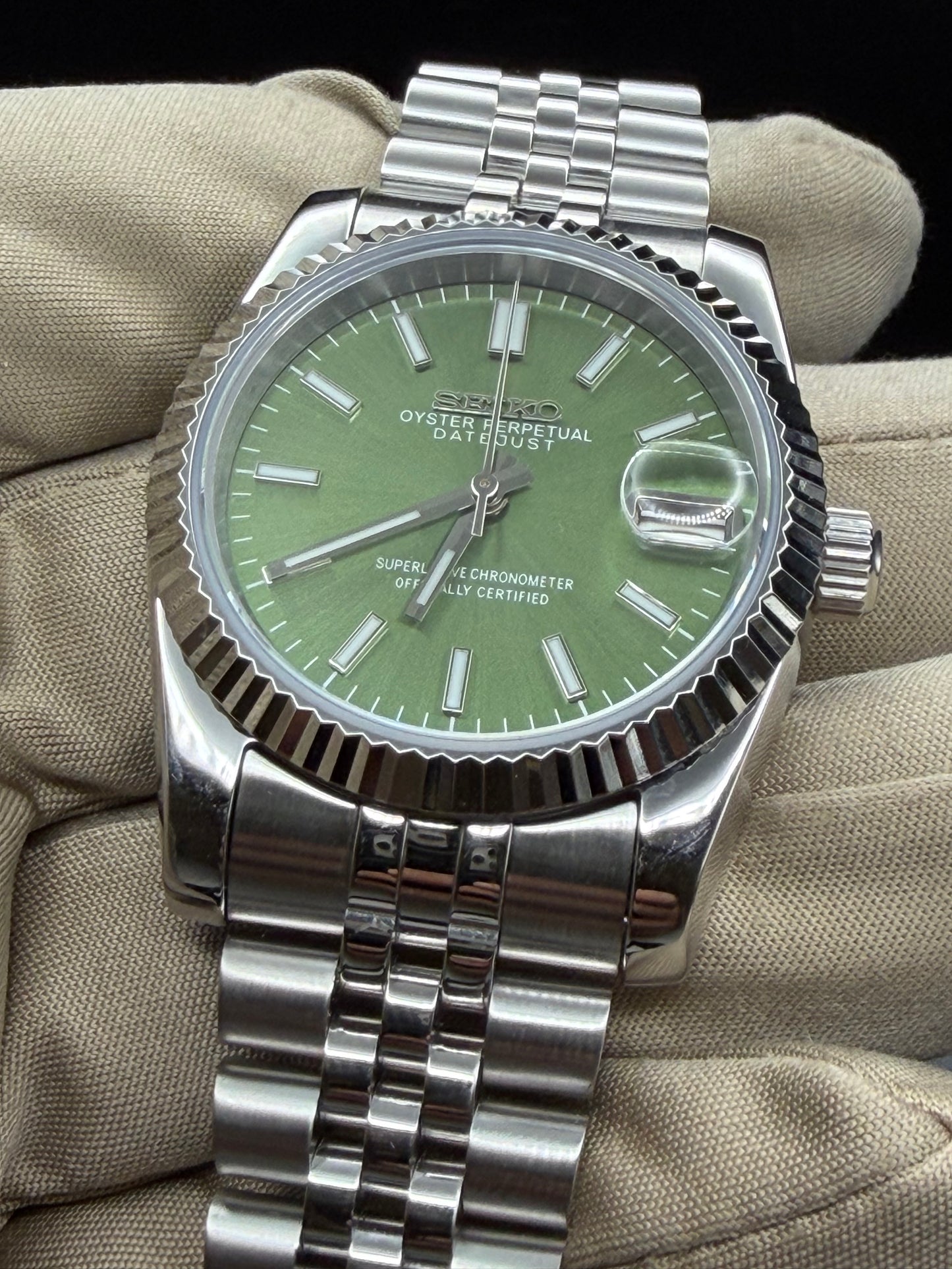 Seiko Date-just Mod Olive Green Dial Mod 36/39