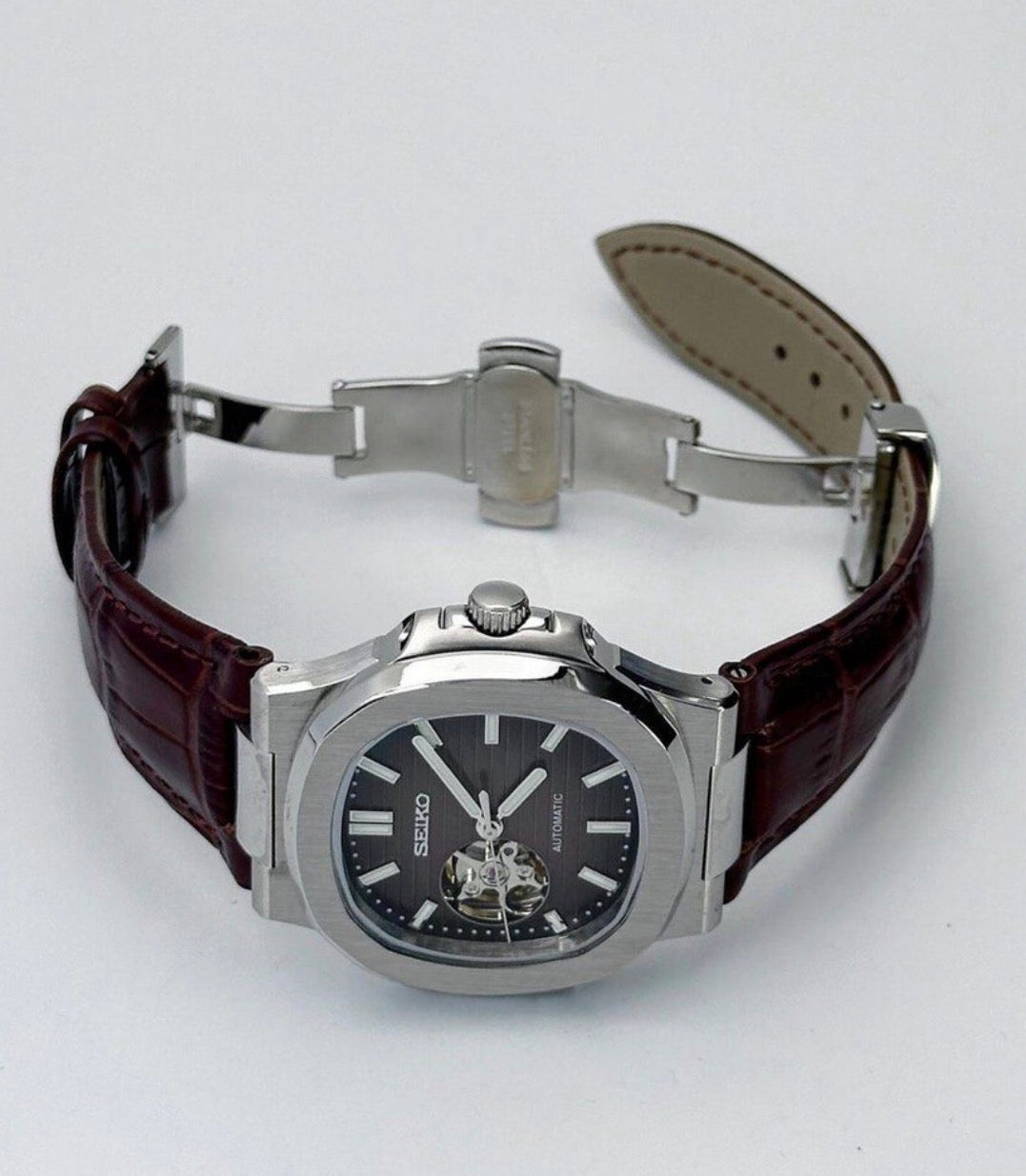Seiko Nautilus Mod ‘Silver Steel Brown Leather strap’ Open Heart 40