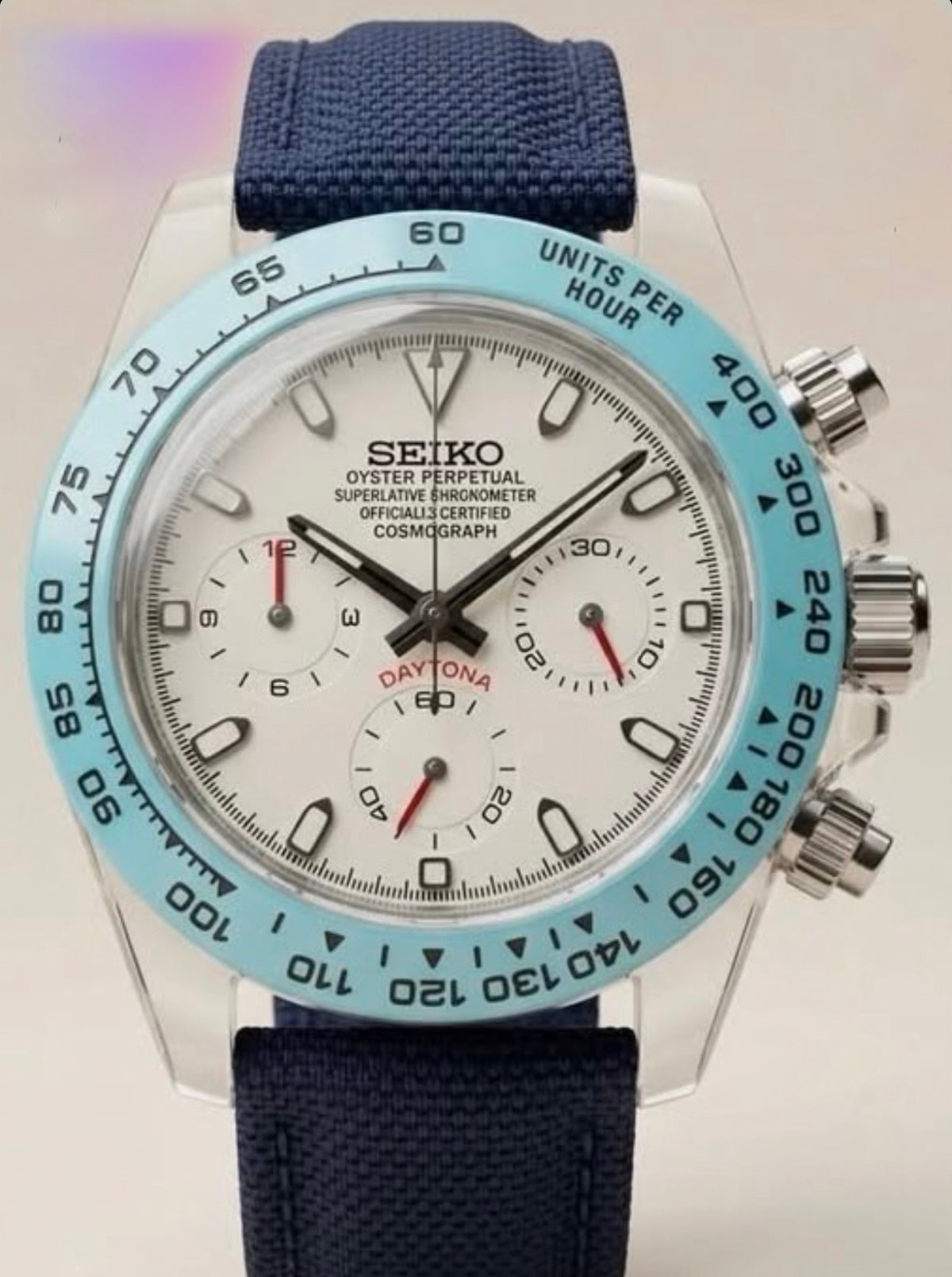 Seiko Daytona Mod ‘Light Blue Bezel/ Blue Fabric Strap’ 40