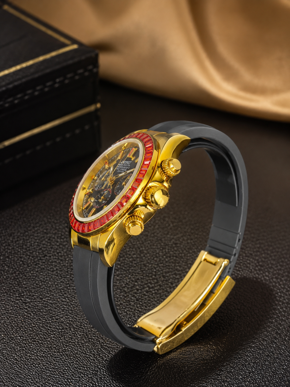 Seiko Daytona Mod Oyster-flex ‘Ruby red bezel/ Black Dial’ 40