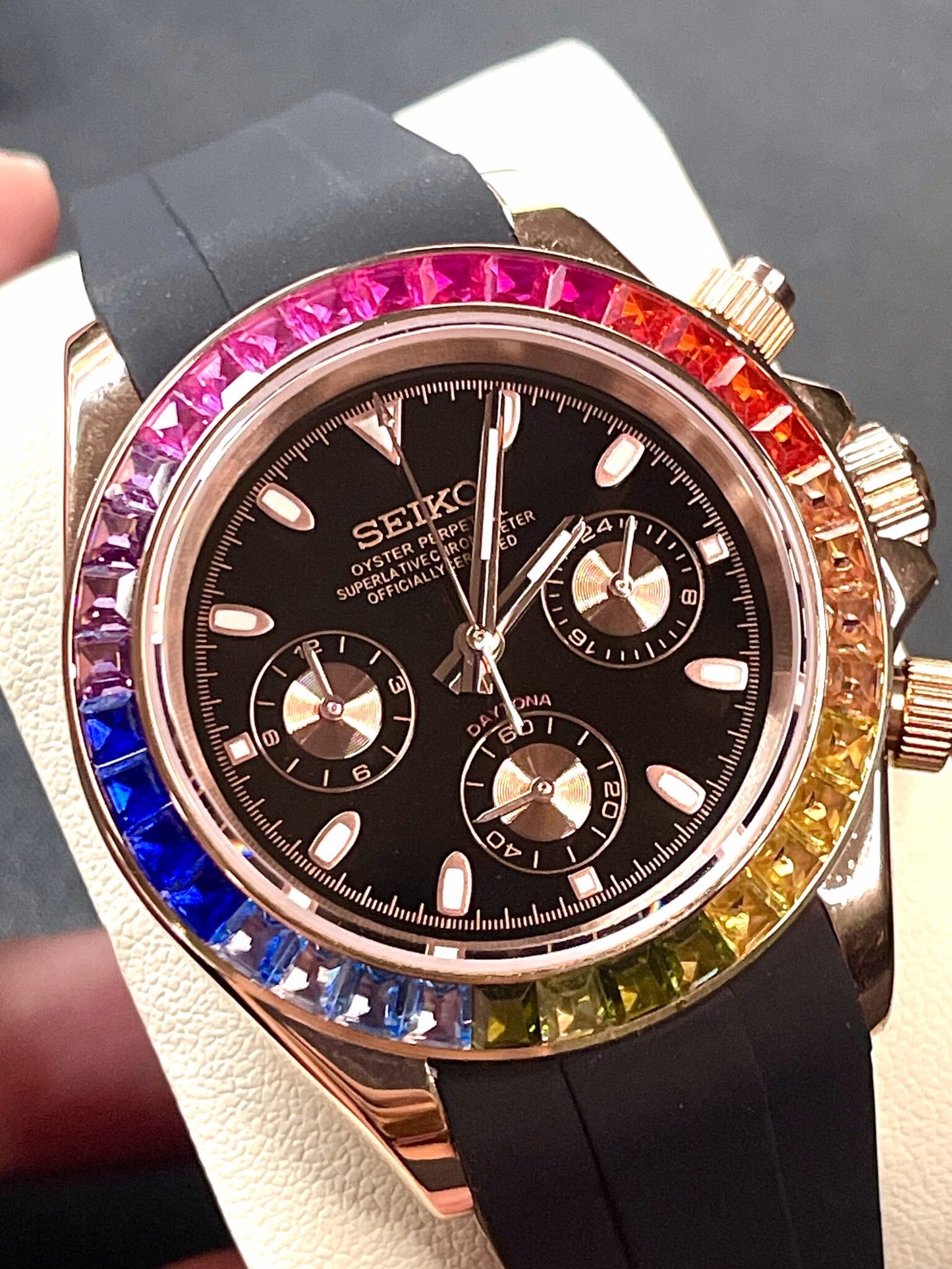 Seiko Daytona Mod Rose Gold ‘Rainbow Bezel/ Rubber Strap’ 40