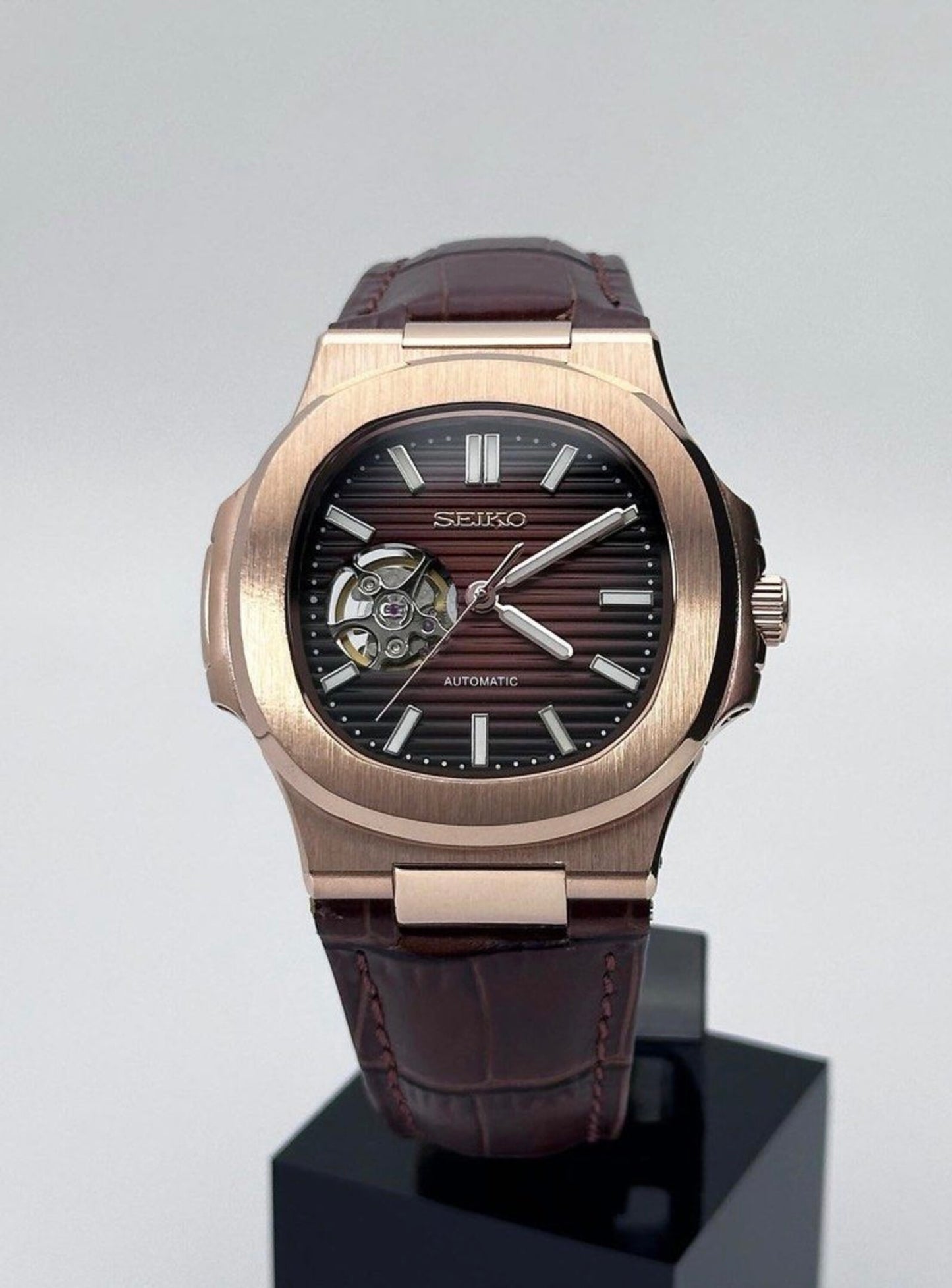 Seiko Nautilus Mod Rose Gold ‘Seikonaut Brown Leather Strap’ Open Heart 40