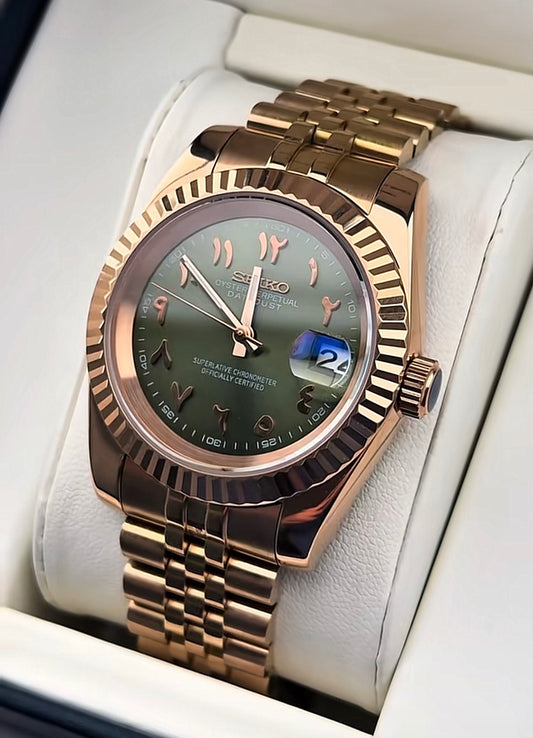 Seiko Date-just Mod ‘Rose Gold Green Arabic Dial’ 36/39