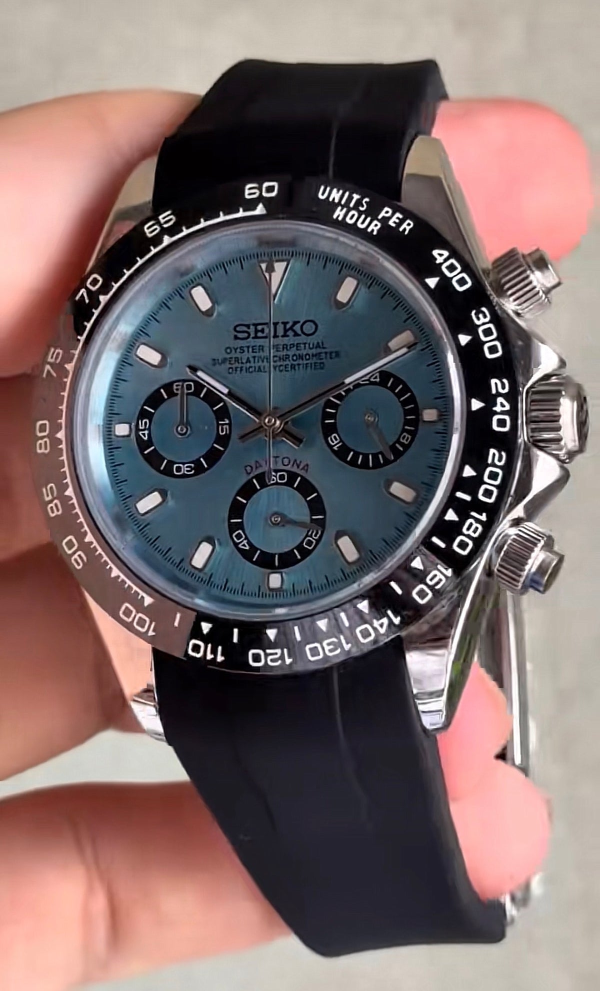 Seiko Daytona Mod ‘Aqua Blue Dial Rubber Strap’ 40