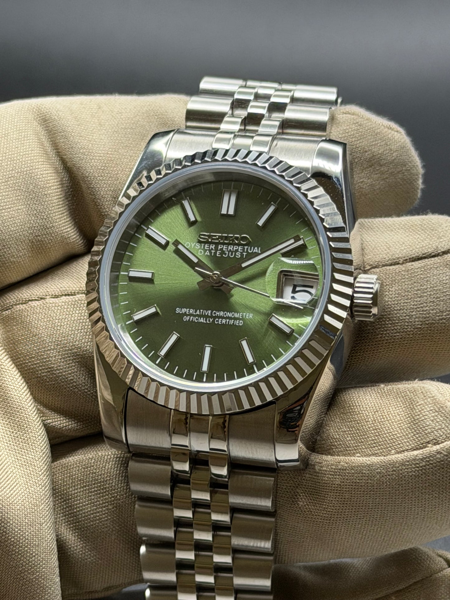 Seiko Date-just Mod Olive Green Dial Mod 36/39