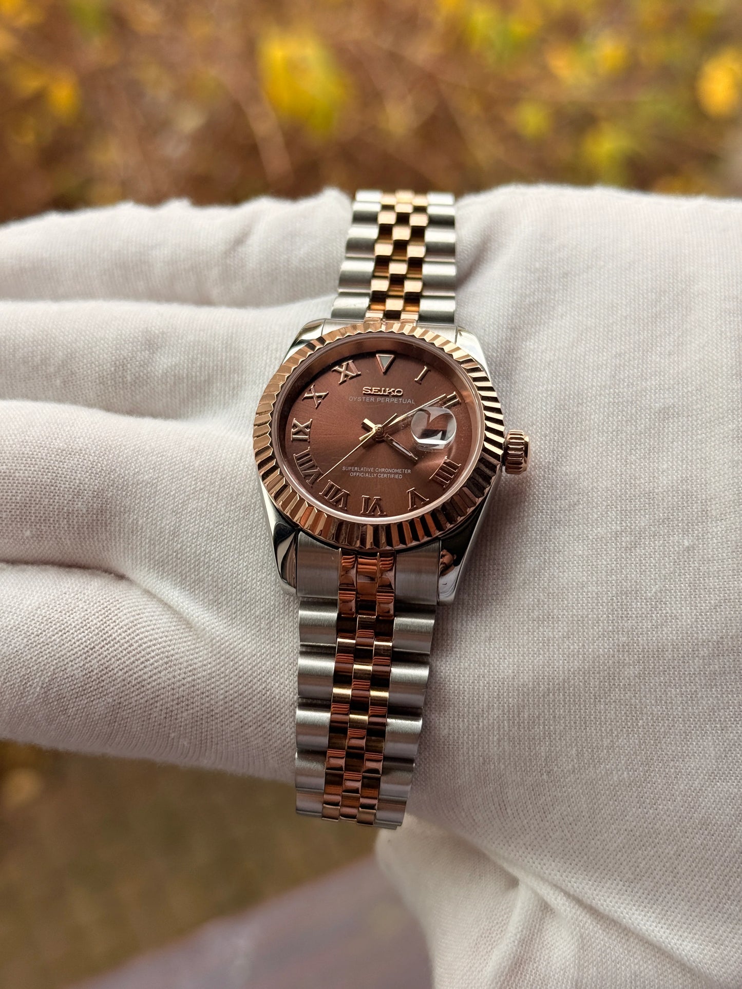 Seiko Ladies Date-just Mod ‘Rose Gold- Roman Chocolate Dial’ 31mm