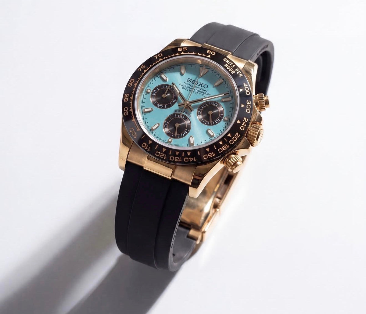 Seiko Daytona Mod ‘Gold Tiffany Oyster-flex’ -Custom Ceramic Bezel