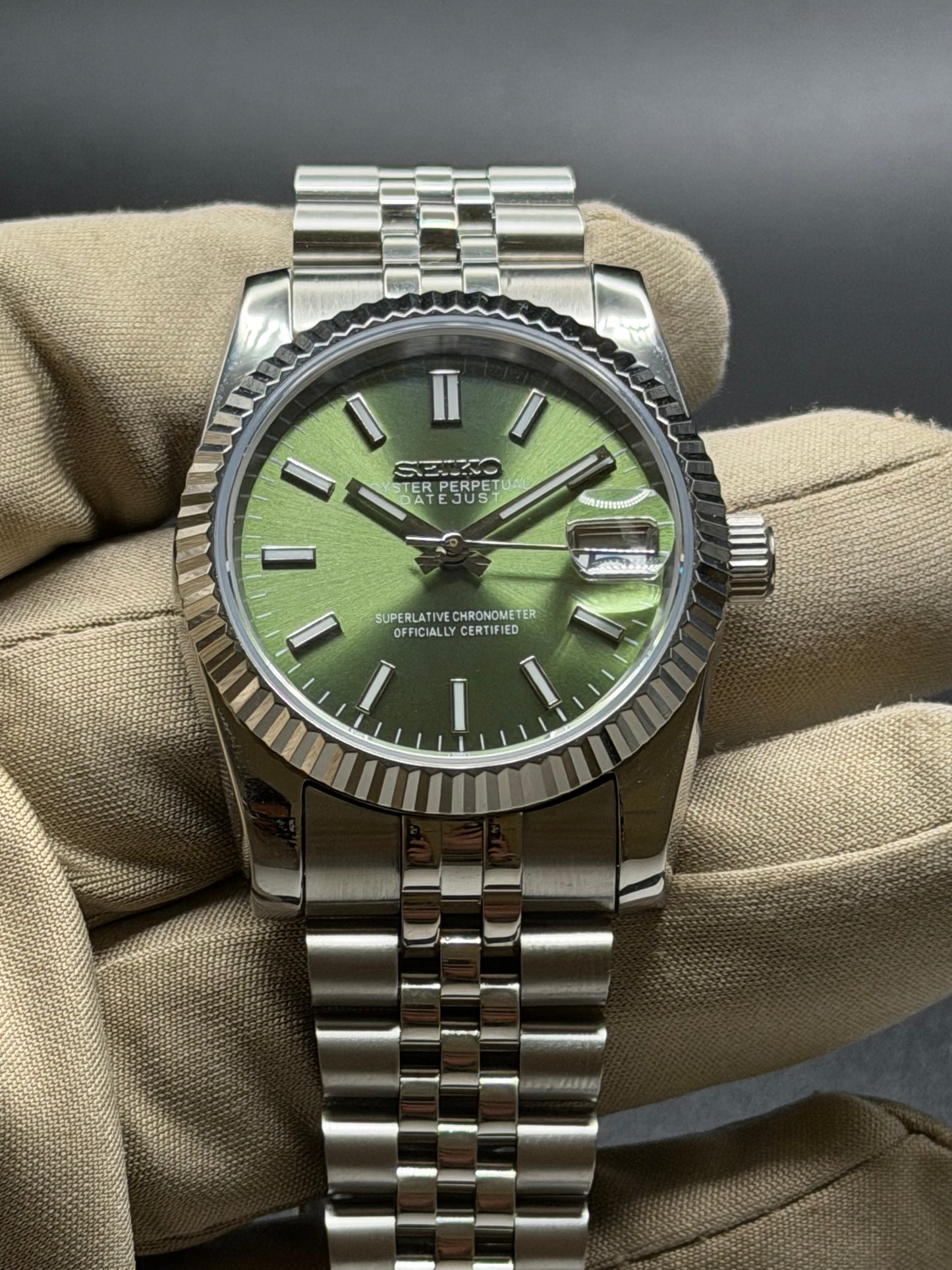 Seiko Date-just Mod Olive Green Dial Mod 36/39