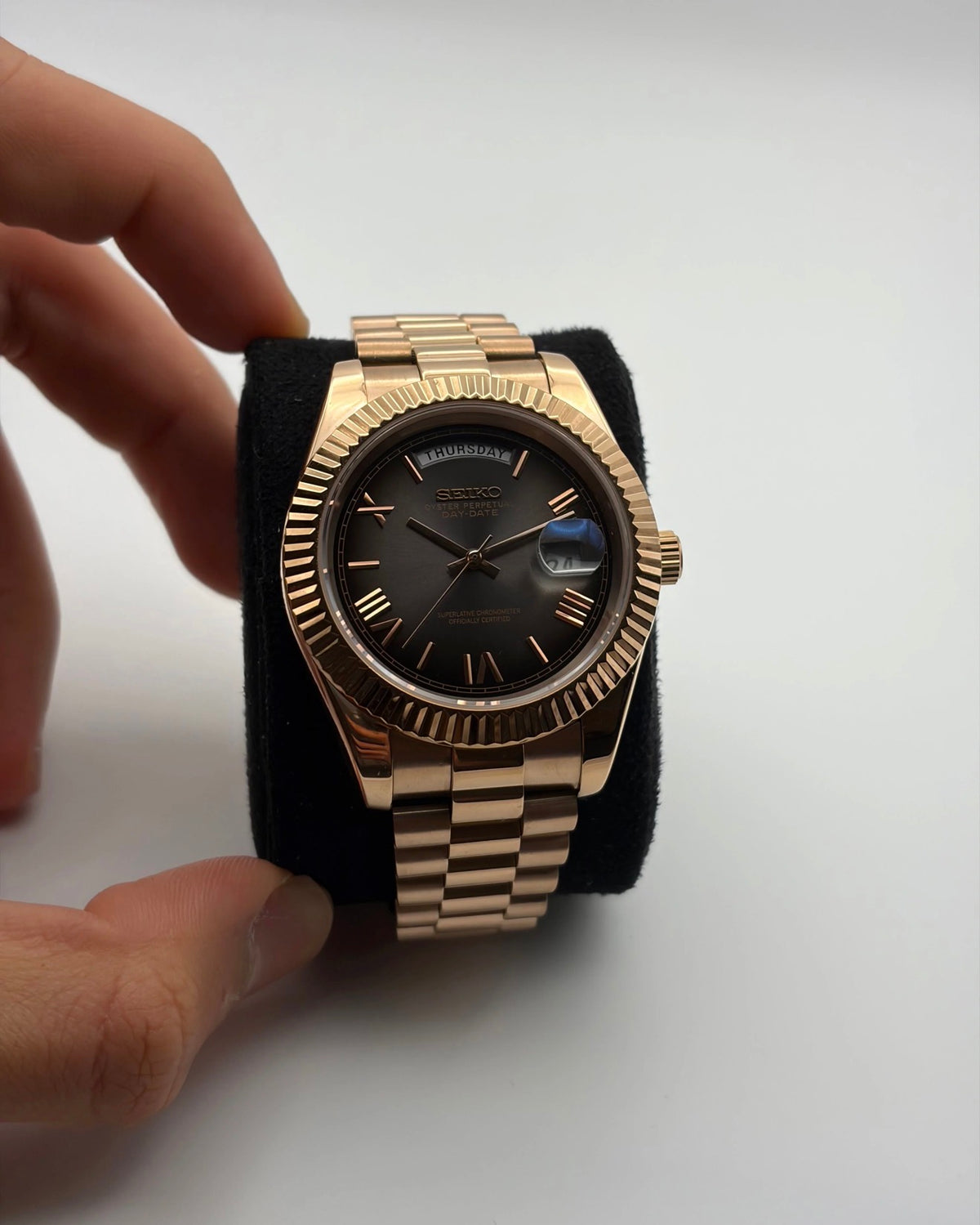 Seiko Day-Date Mod ‘Rose Gold Charcoal Roman Dial’ 39