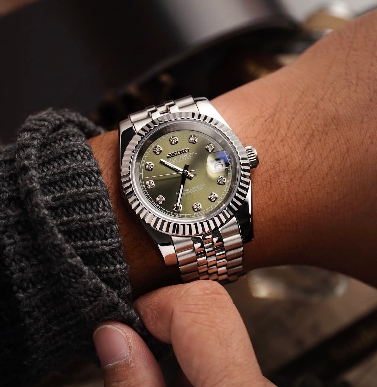 Seiko Date-just Mod ‘Olive Green Diamond Dial’ 36/39