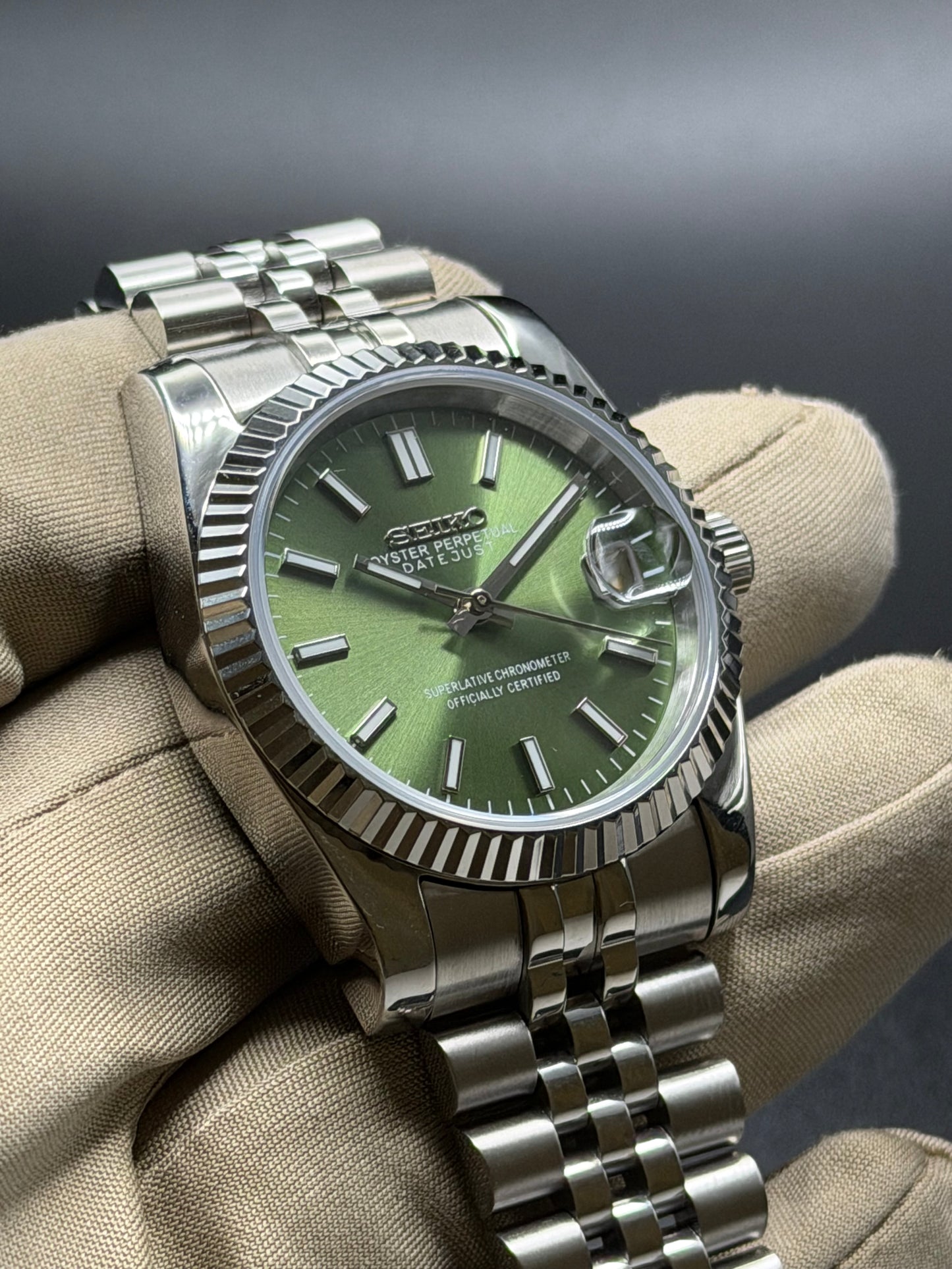 Seiko Date-just Mod Olive Green Dial Mod 36/39