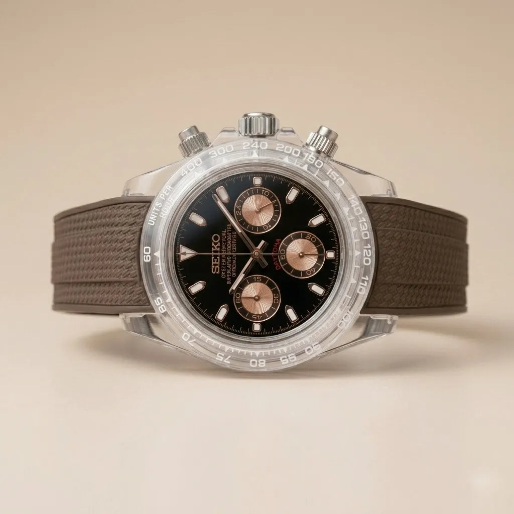 Seiko Daytona Mod Transparent Case ‘Black dial/ Brown Strap’ 40