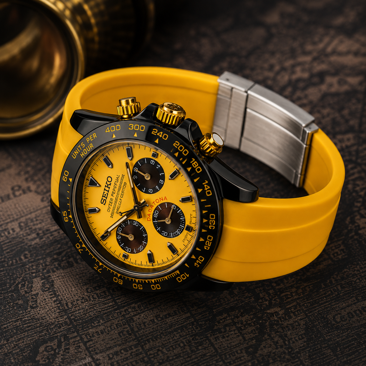 Seiko Daytona Mod ‘Black Ceramic/ Yellow Dial’ Yellow FKM Strap 40