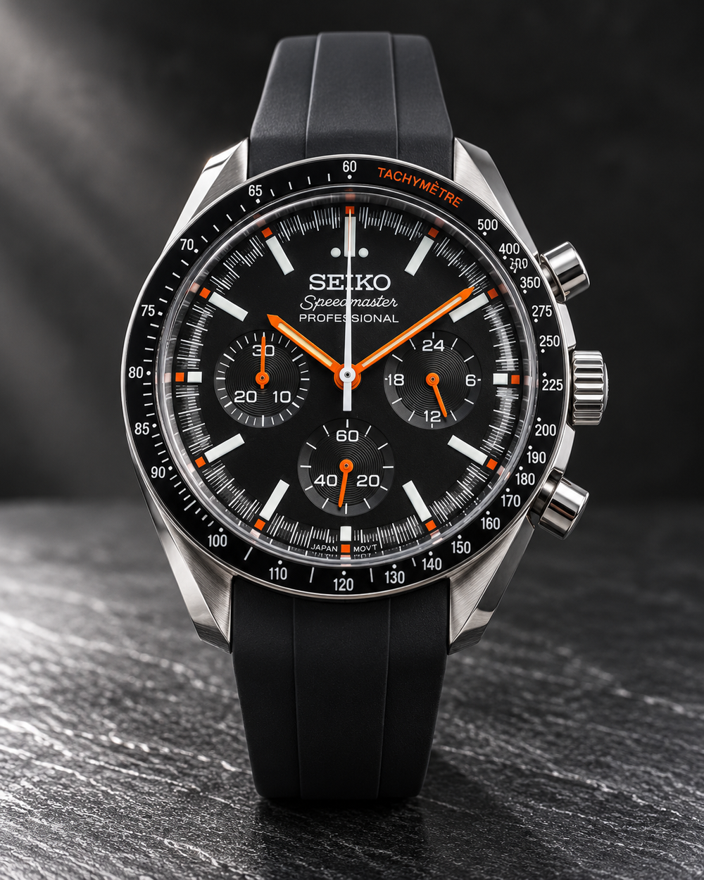 Seiko Speedmaster Mod ‘Black/Orange Dial’ Black FKM Rubber Strap