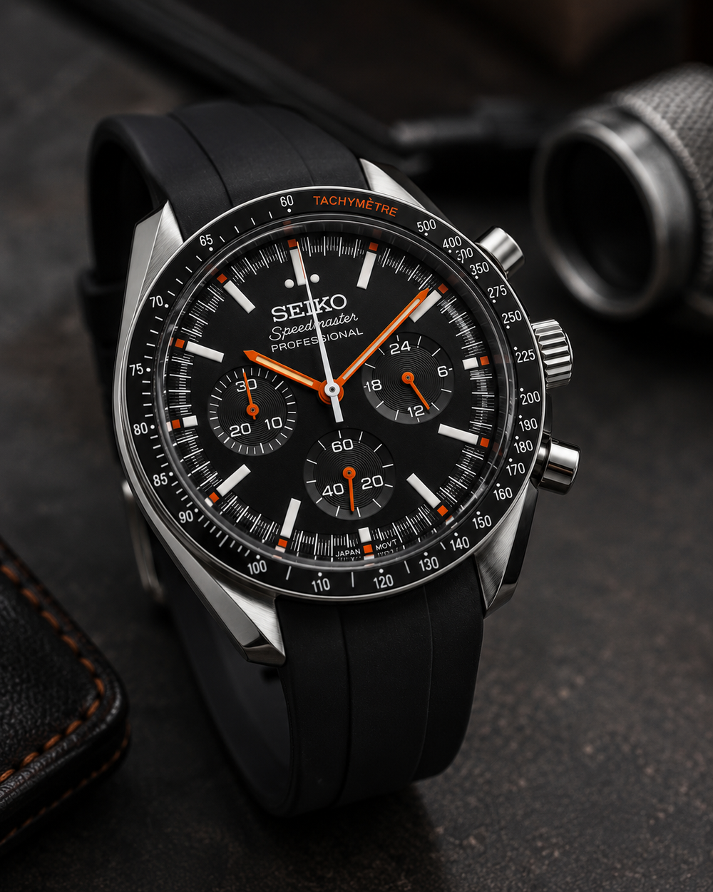 Seiko Speedmaster Mod ‘Black/Orange Dial’ Black FKM Rubber Strap