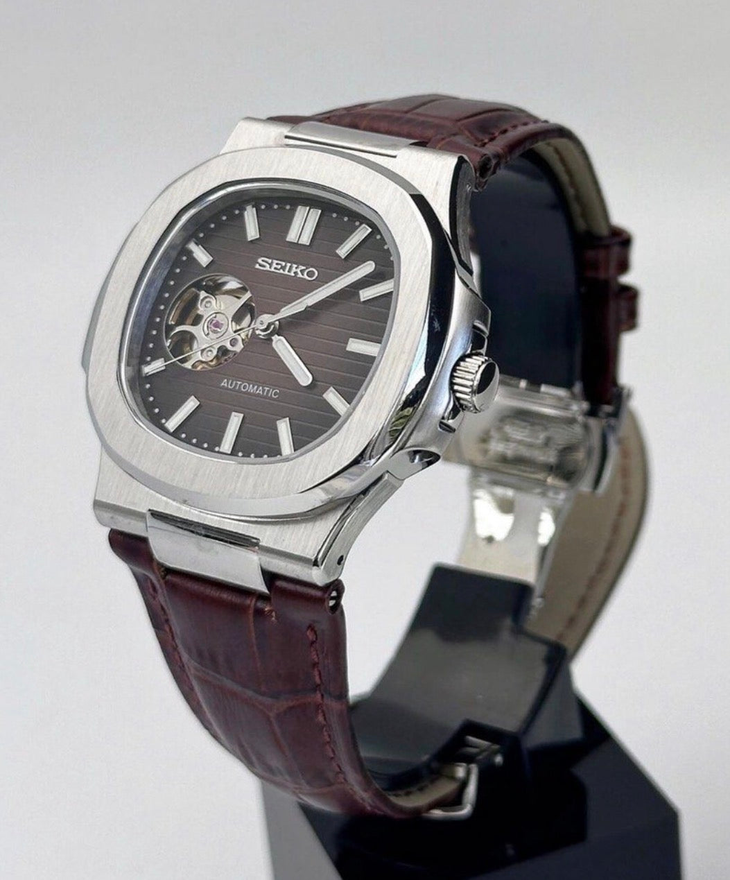 Seiko Nautilus Mod ‘Silver Steel Brown Leather strap’ Open Heart 40
