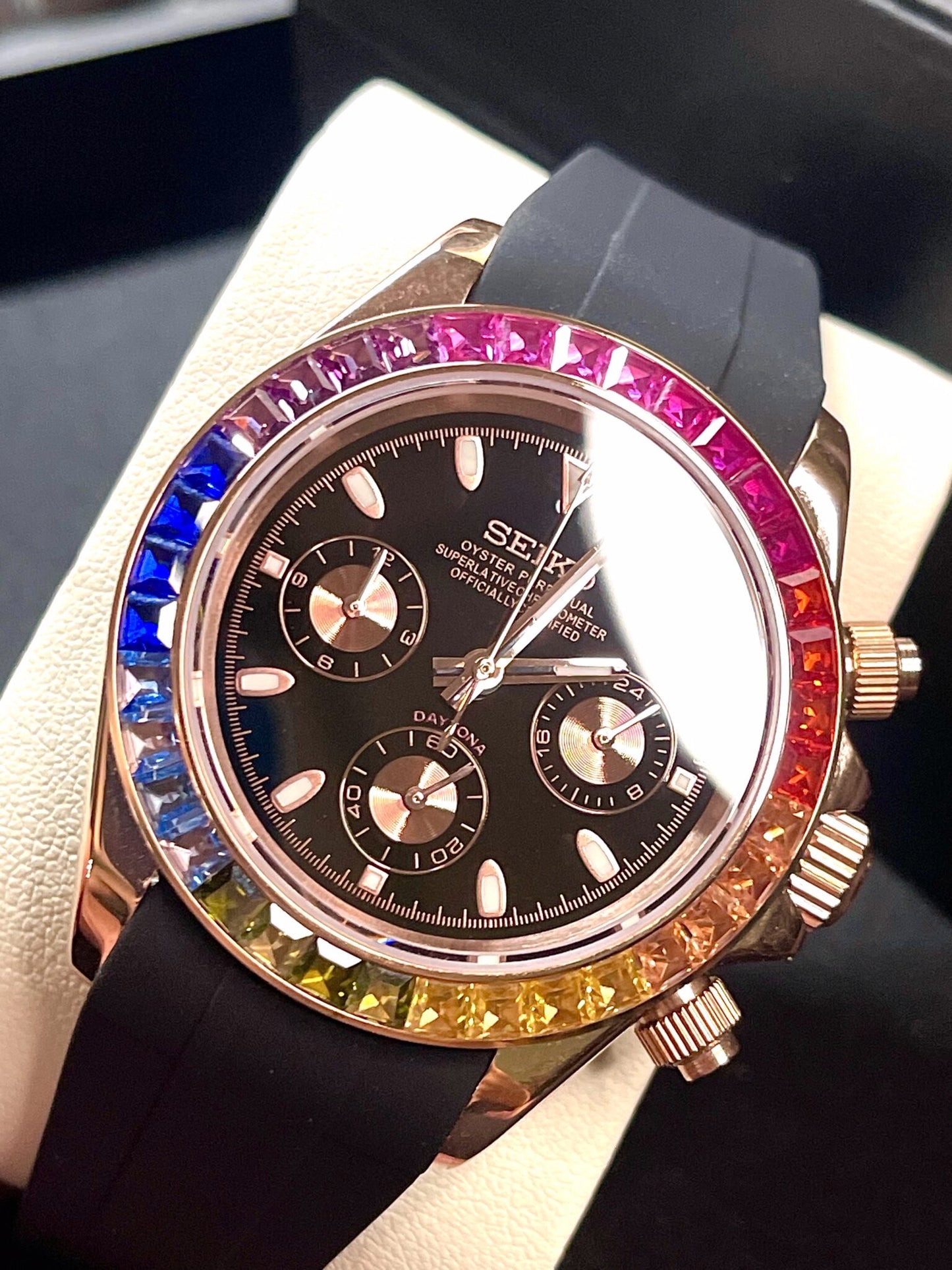 Seiko Daytona Mod Rose Gold ‘Rainbow Bezel/ Rubber Strap’ 40