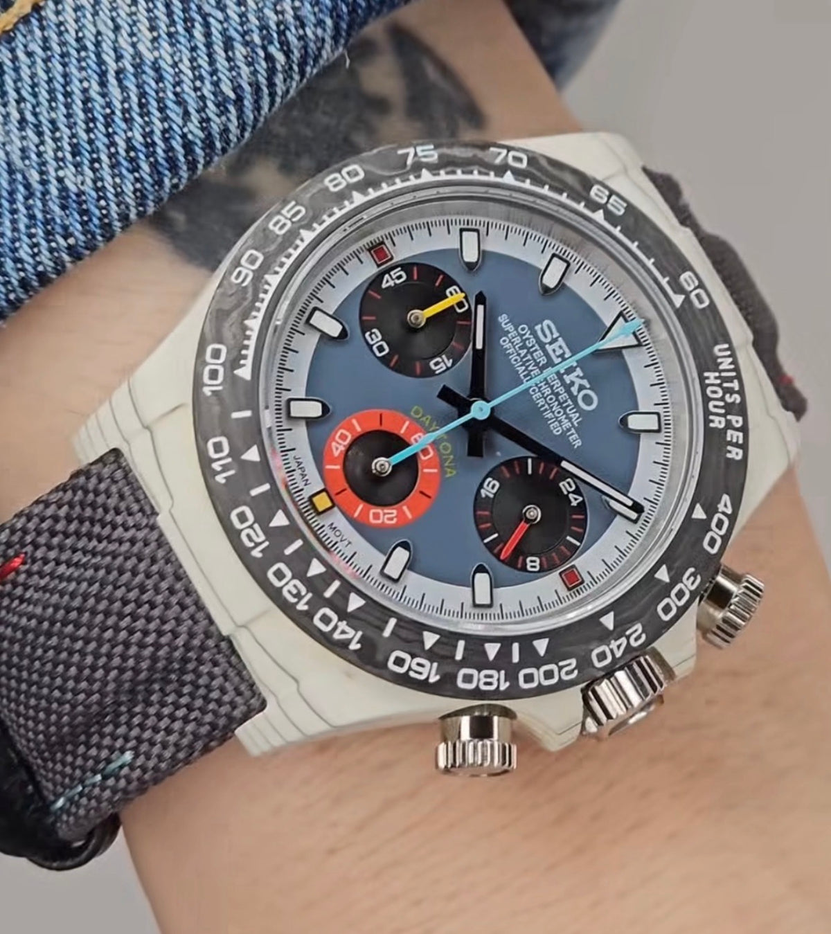 Seiko Daytona Mod ‘White Carbon Fibre- Blue/red subdial’ 40
