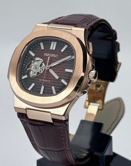Seiko Nautilus Mod Rose Gold ‘Seikonaut Brown Leather Strap’ Open Heart 40
