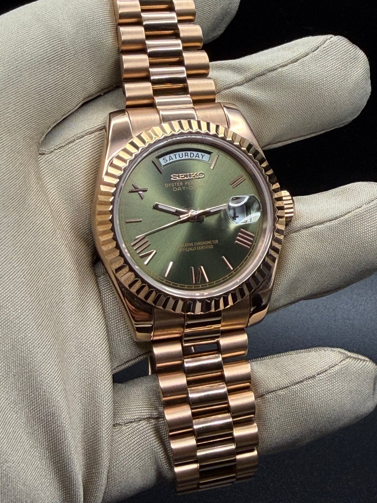 Seiko Day-date Mod ‘Rose Gold Roman Green Dial’ 36/39